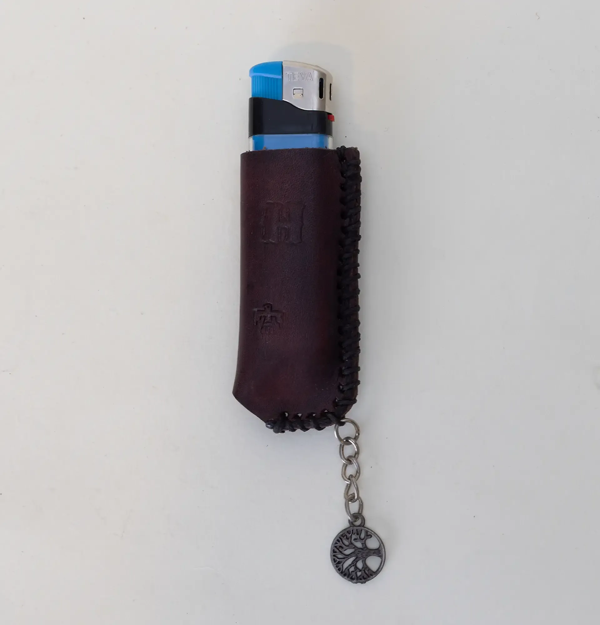 Handcrafted Brown Leather Lighter Case with Hanging Charm