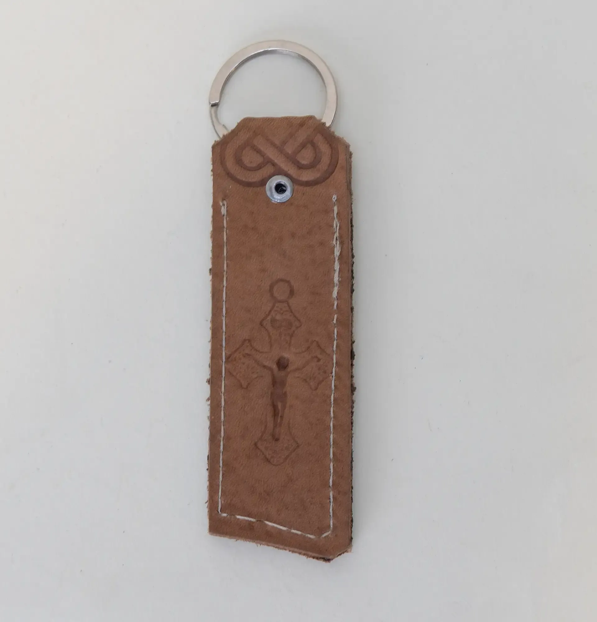 Artisan Natural Leather Keychain with Long Embossed Leather Tag