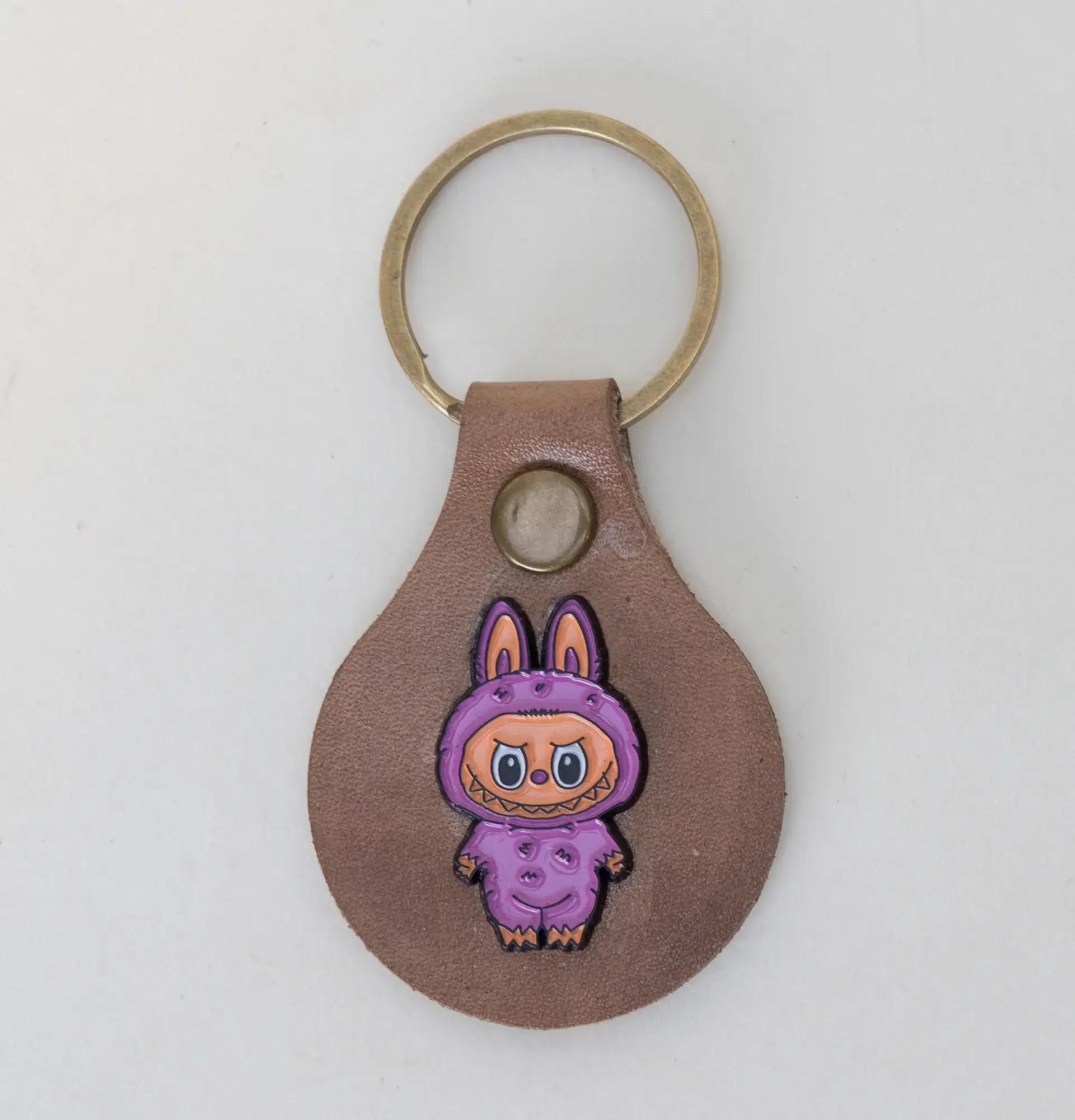 Handmade Natural Leather Keychain with Purple Labubu Character
