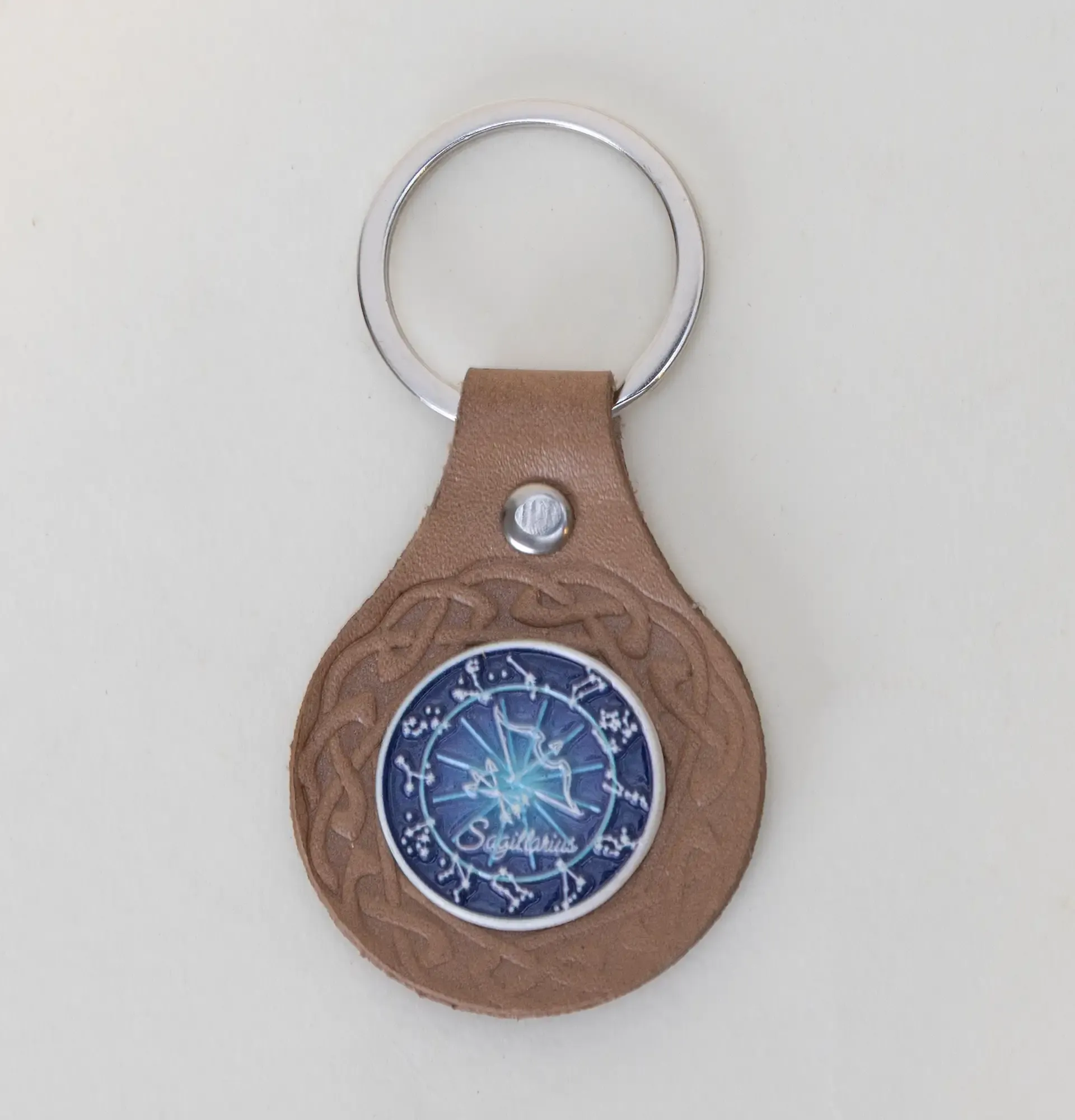 Handmade Natural Leather Keychain with Blue Snowflake Medallion