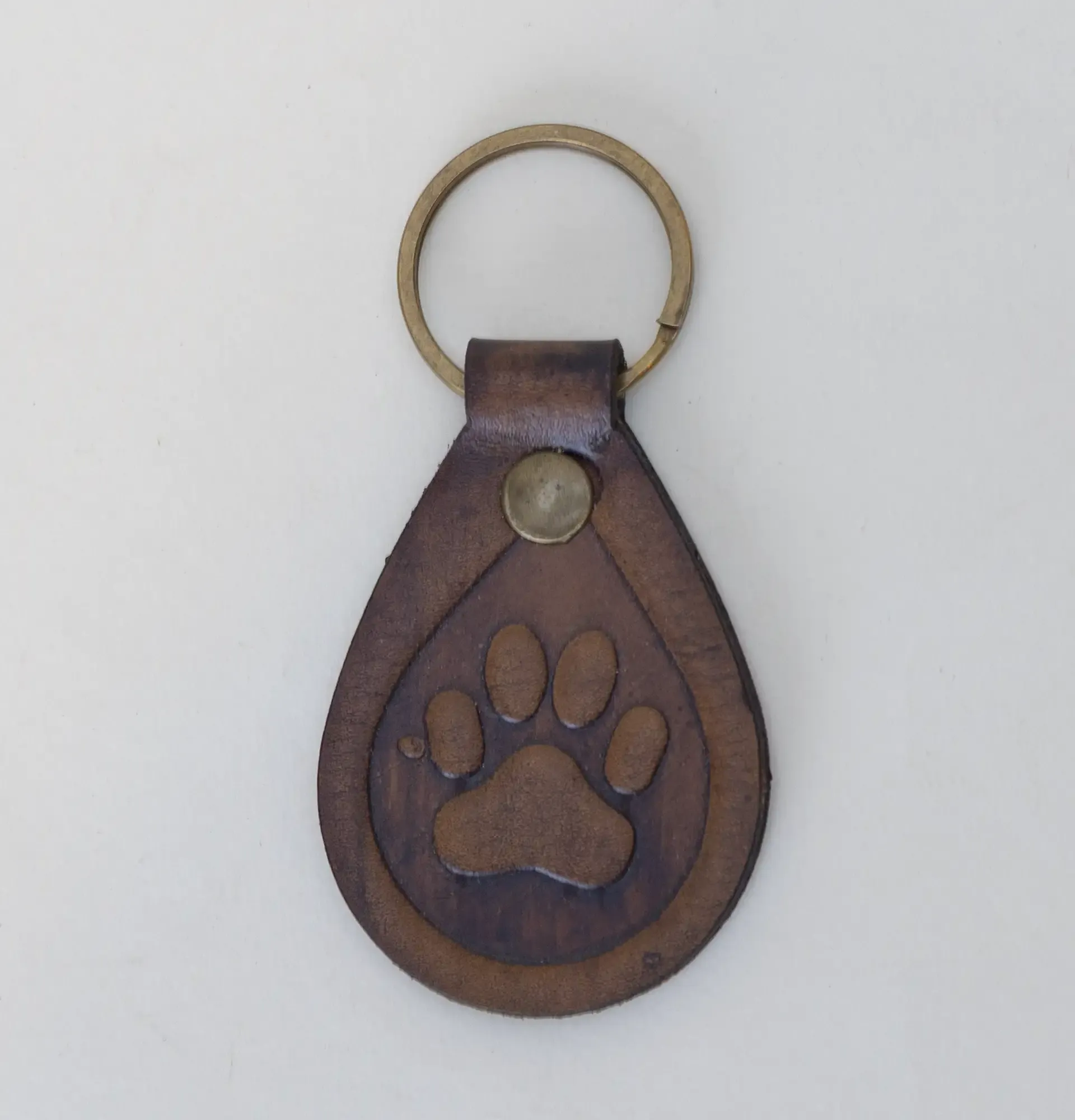 Artisan Natural Leather Keychain with Embossed Animal Paw Print