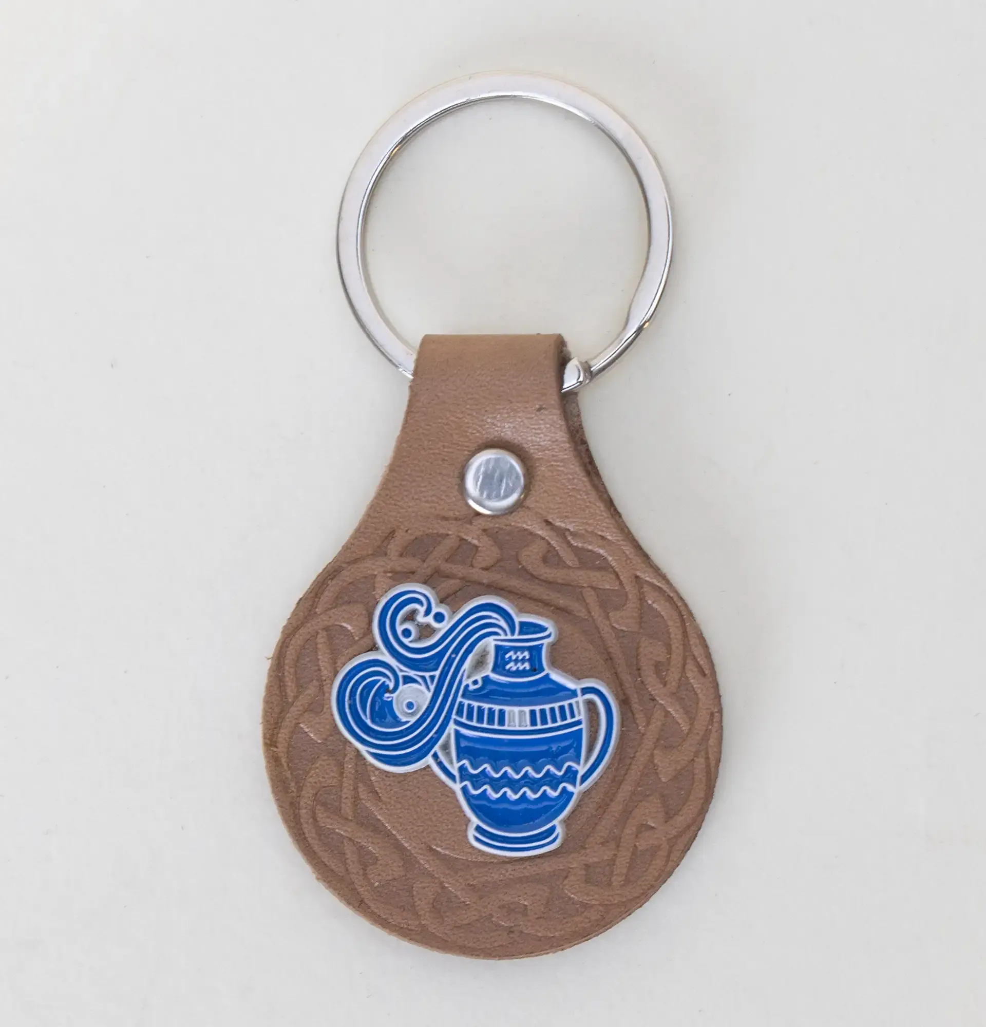 Leather Keychain with Aquarius Zodiac Emblem Handcrafted Design