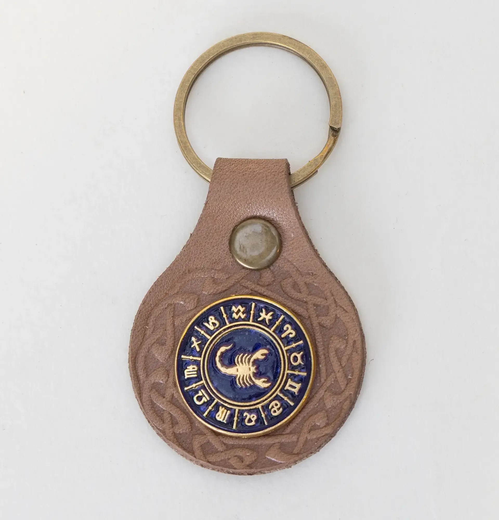 Natural Leather Keychain with Blue and Gold Scorpio Zodiac Emblem