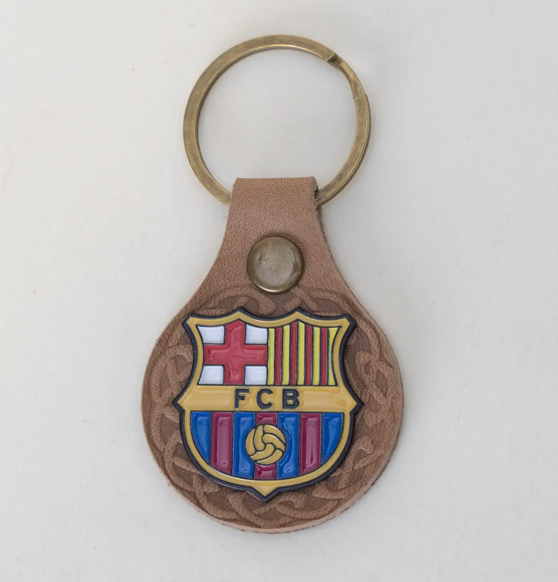 Handmade Leather Keychain with Barcelona Crest on Brown Leather