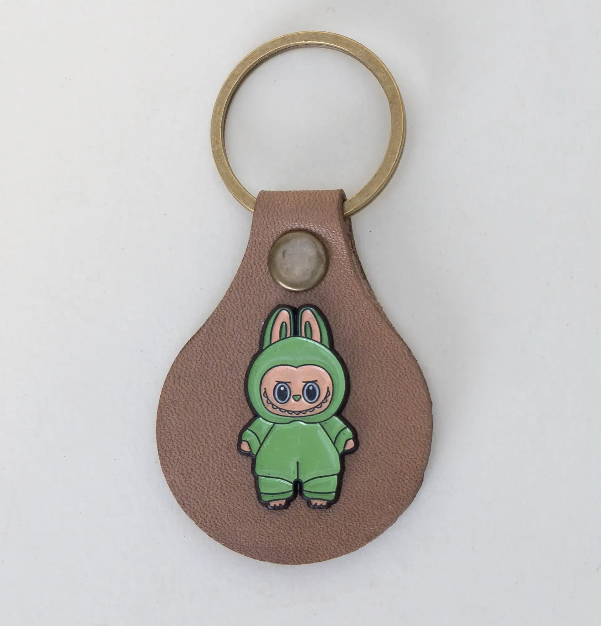 Leather Keychain with Green Labubu Character Handcrafted Design