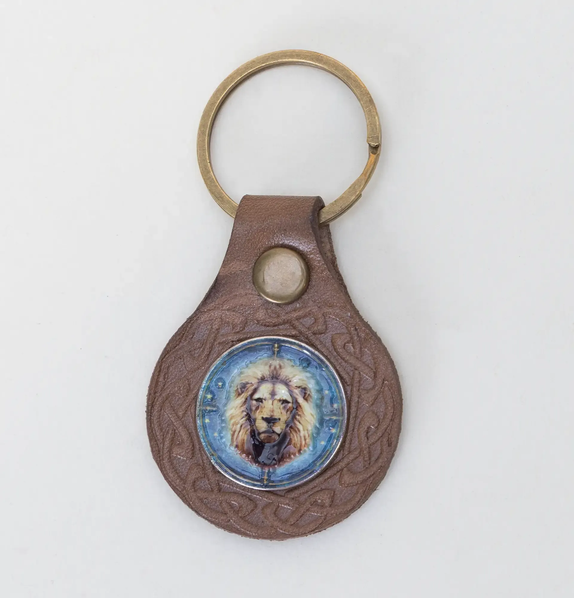 Handmade Natural Leather Keychain with Lion Portrait Medallion