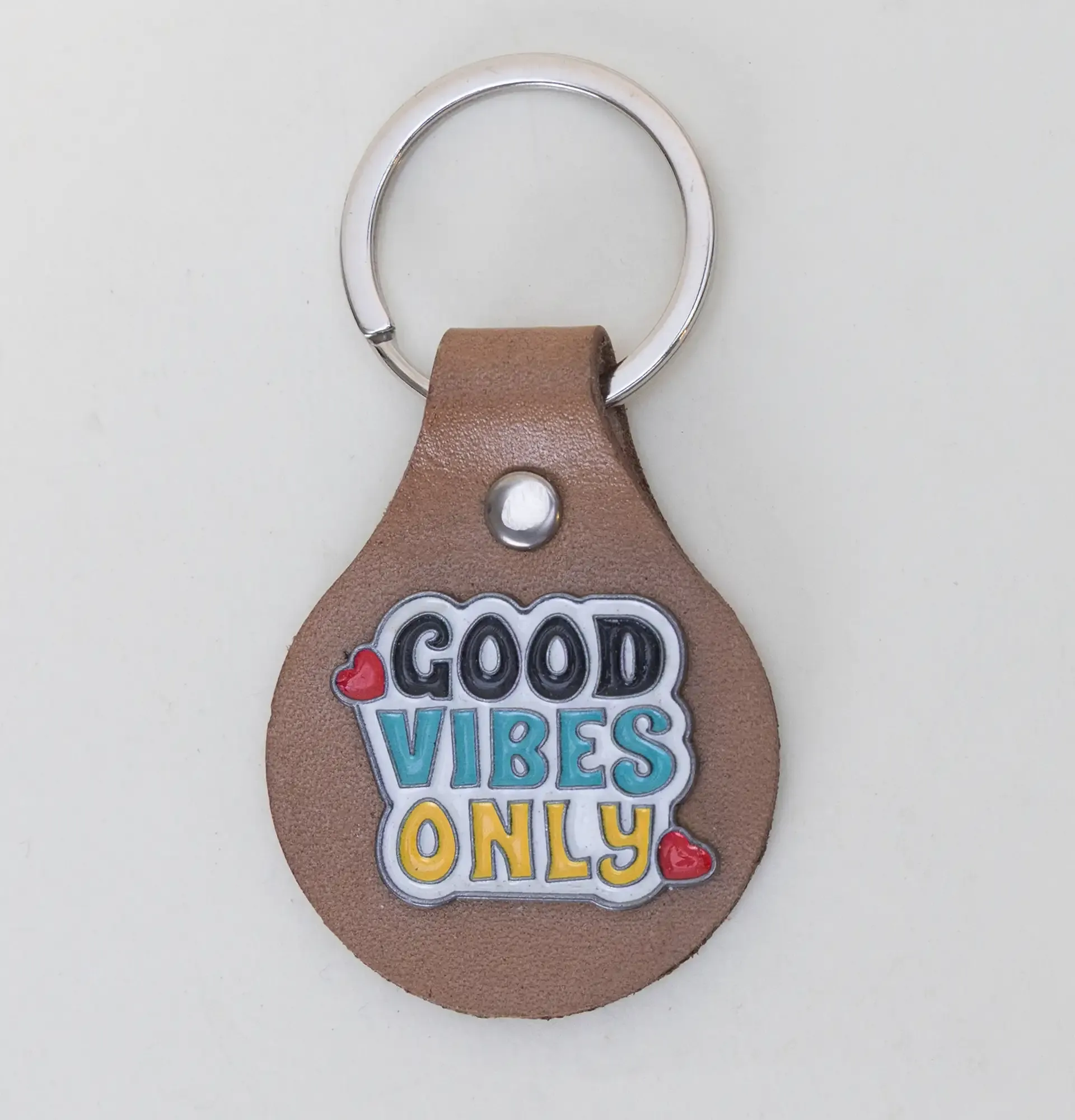 Artisan Natural Leather Keychain with Good Vibes Only Lettering