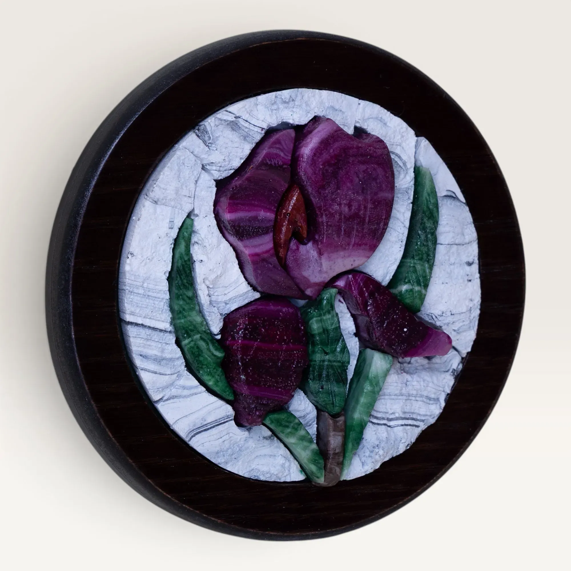 Round Purple Iris Stone Mosaic on Pale Background