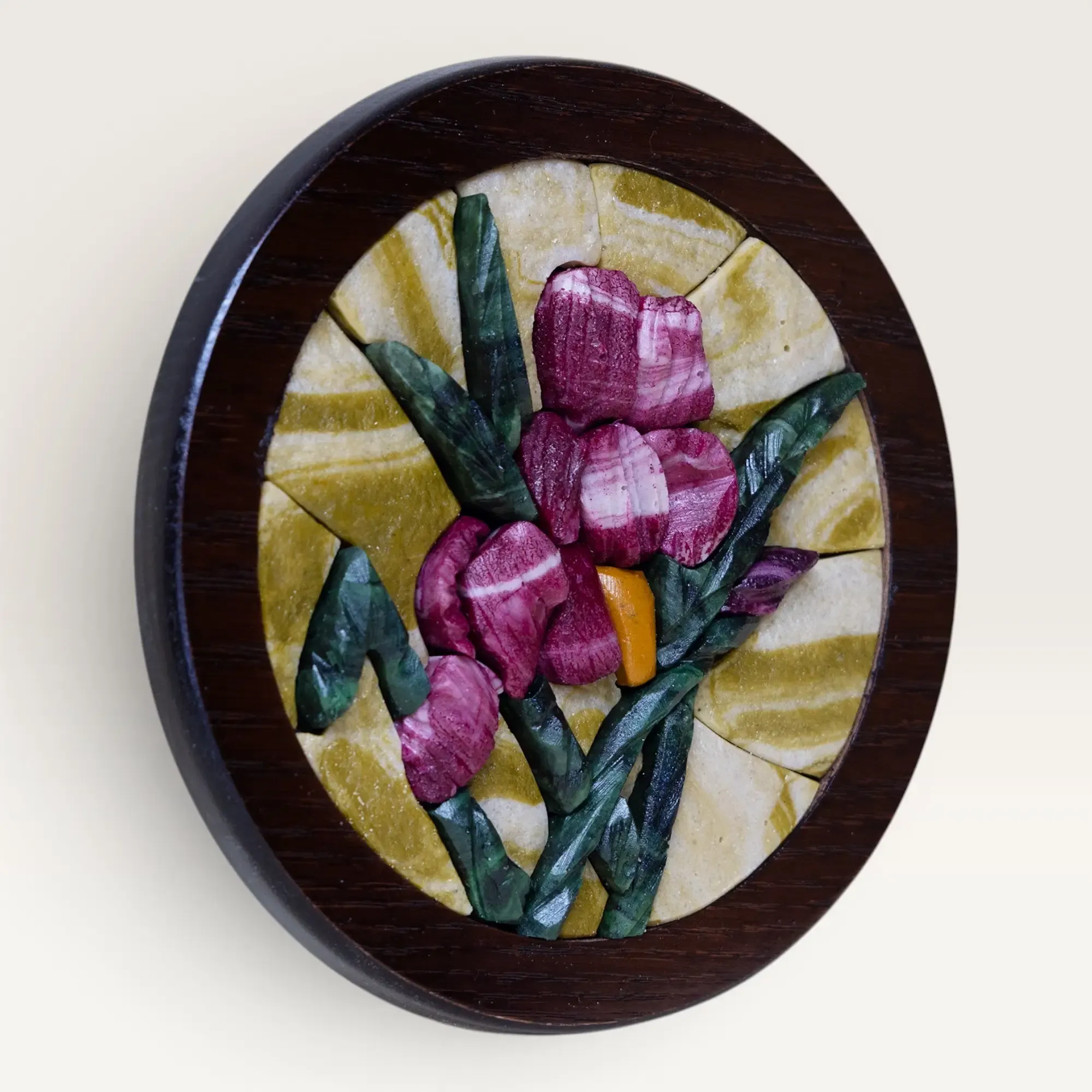Round Purple Iris Mosaic with Golden Beige Background