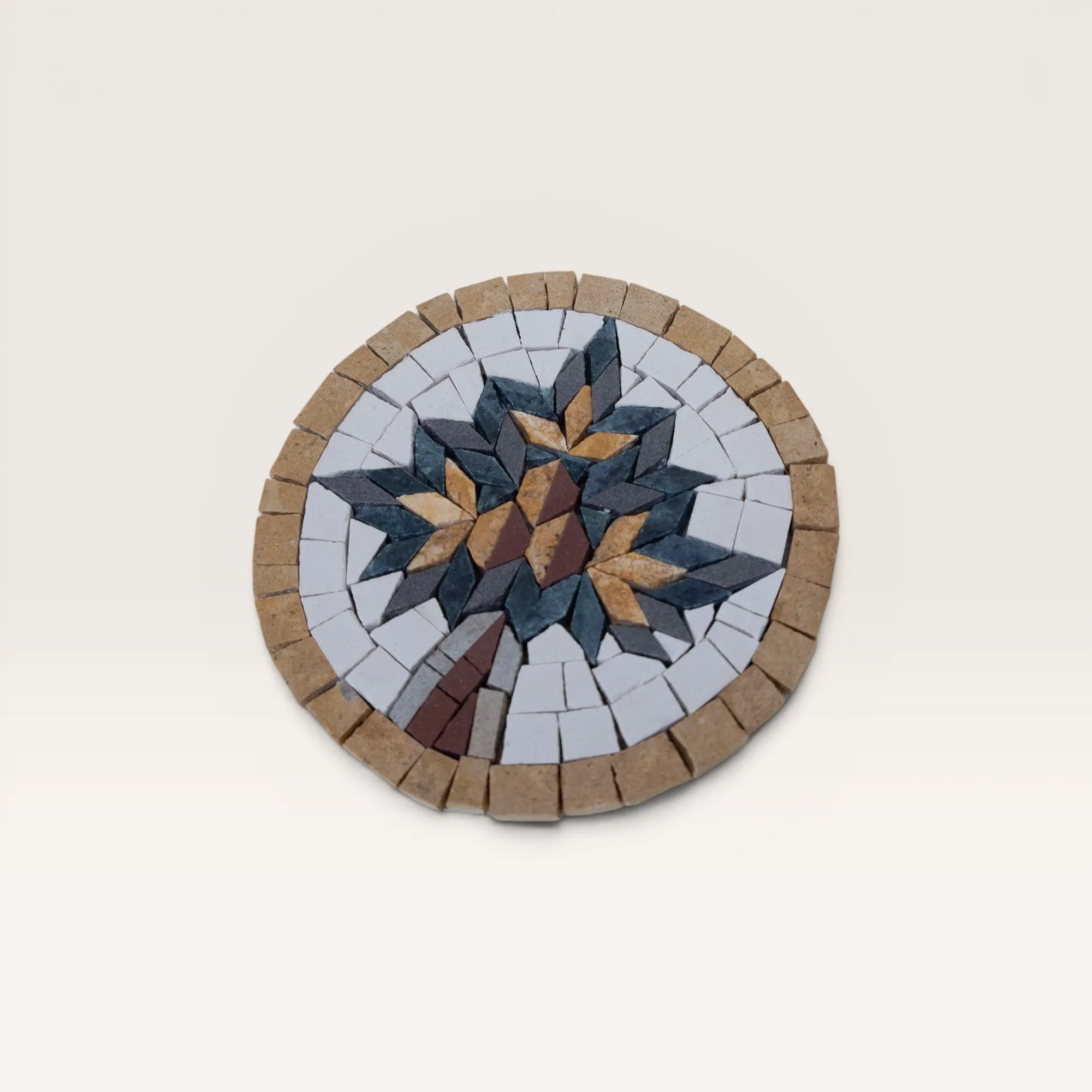 Handmade Round Tree of Life Stone Mosaic with Beige Border