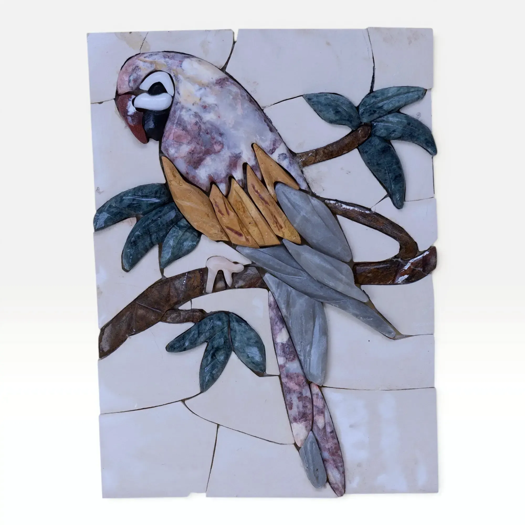 Handmade Parrot on Branch Stone Mosaic Wall Art