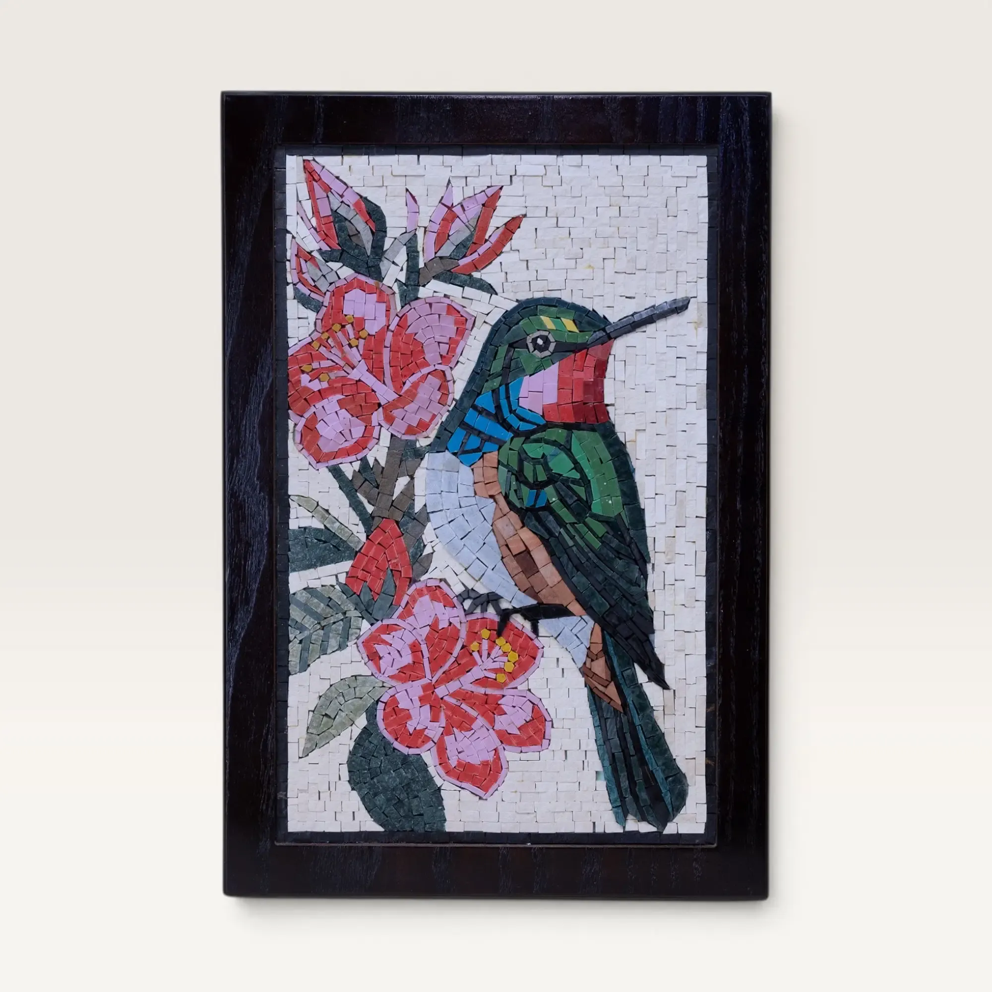 Handmade Hummingbird and Floral Stone Mosaic Wall Art