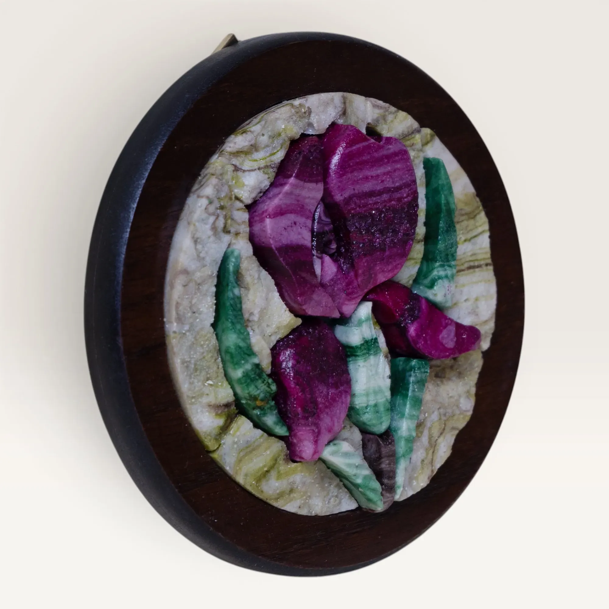 Round Purple Iris Mosaic on Beige Stone Background