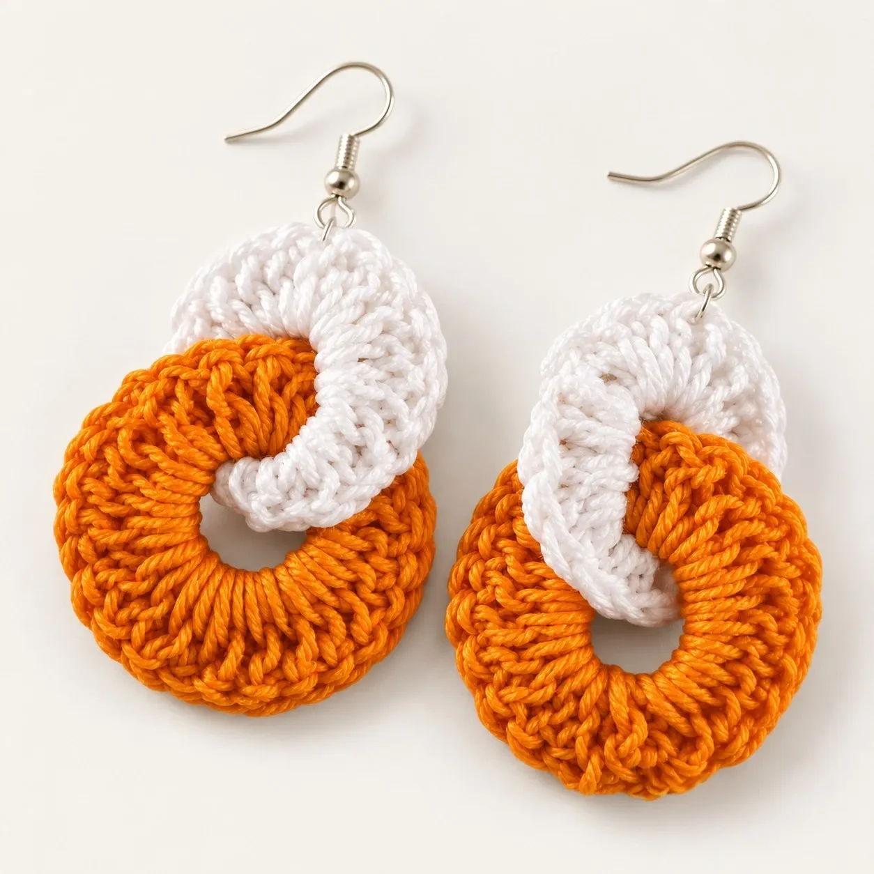 Orange and White Crochet Earrings – Interlocking Hoops