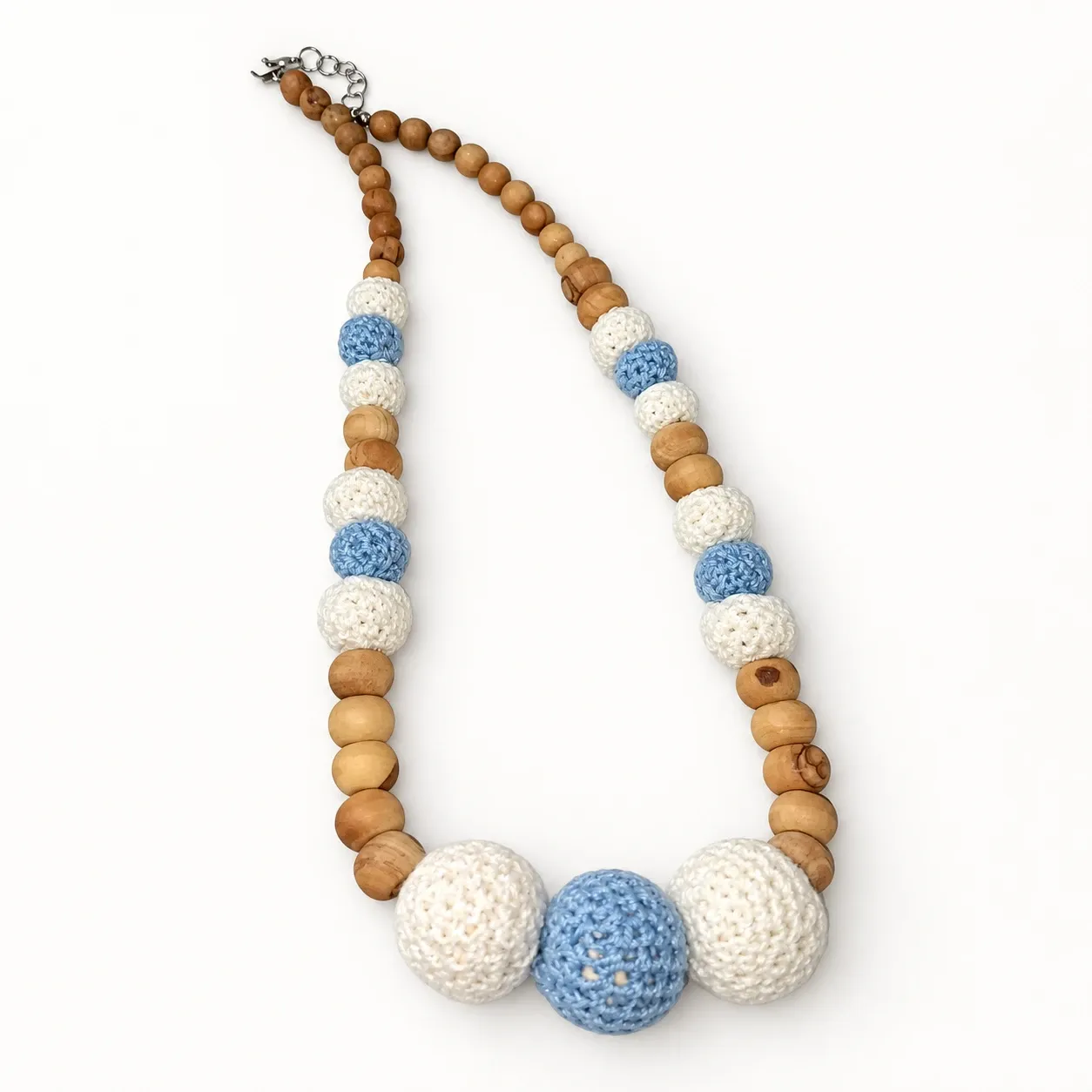 Blue and White Crochet Bead Necklace with Olive Wood