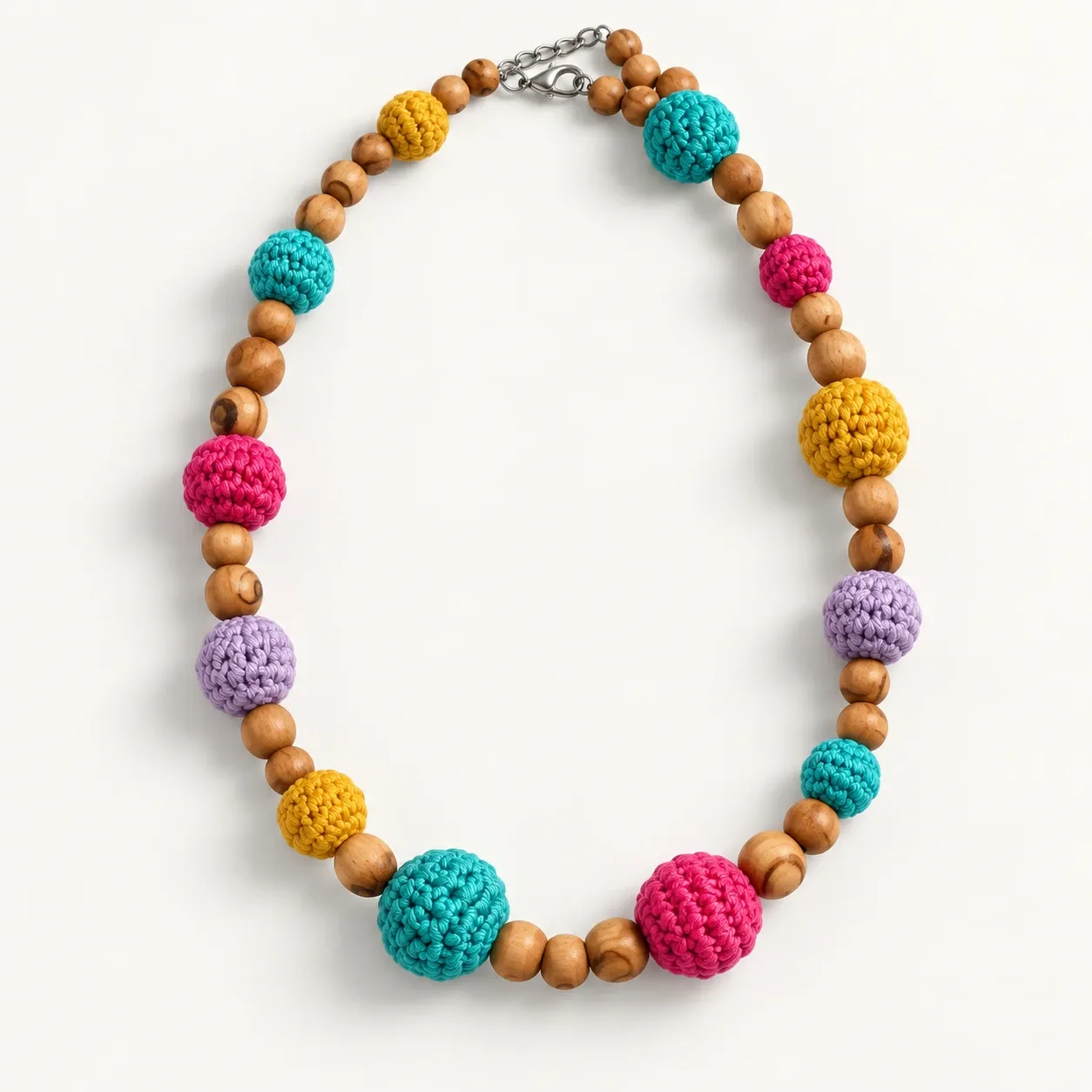 Multicolor Crochet Bead Necklace with Natural Olive Wood