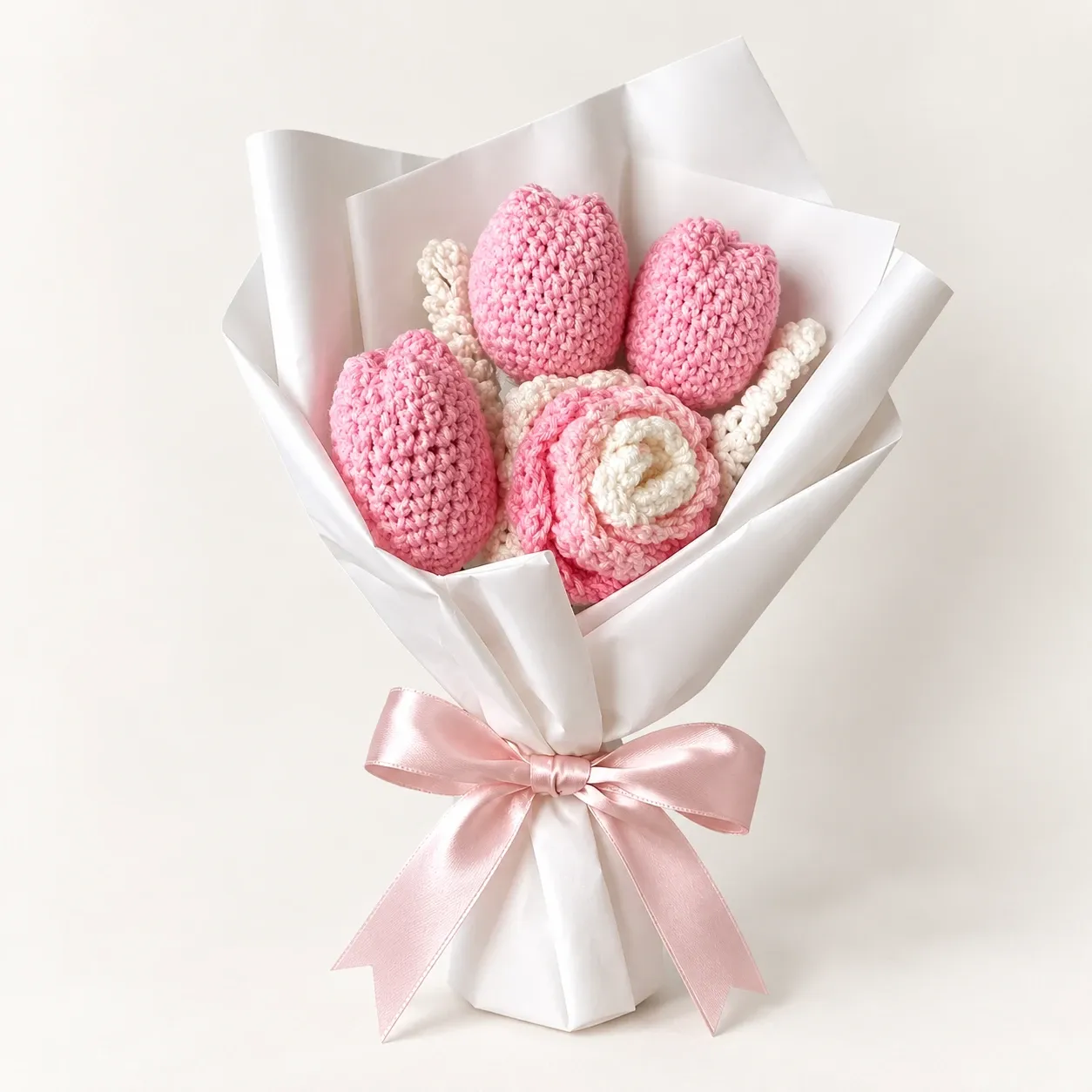Pastel Crochet Flower Bouquet – Pink Tulips and Roses