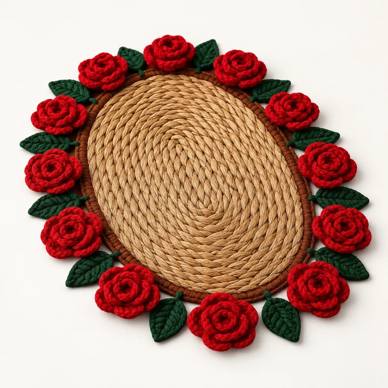 Rustic Rose Crochet and Rope Table Mat – 25x40 cm