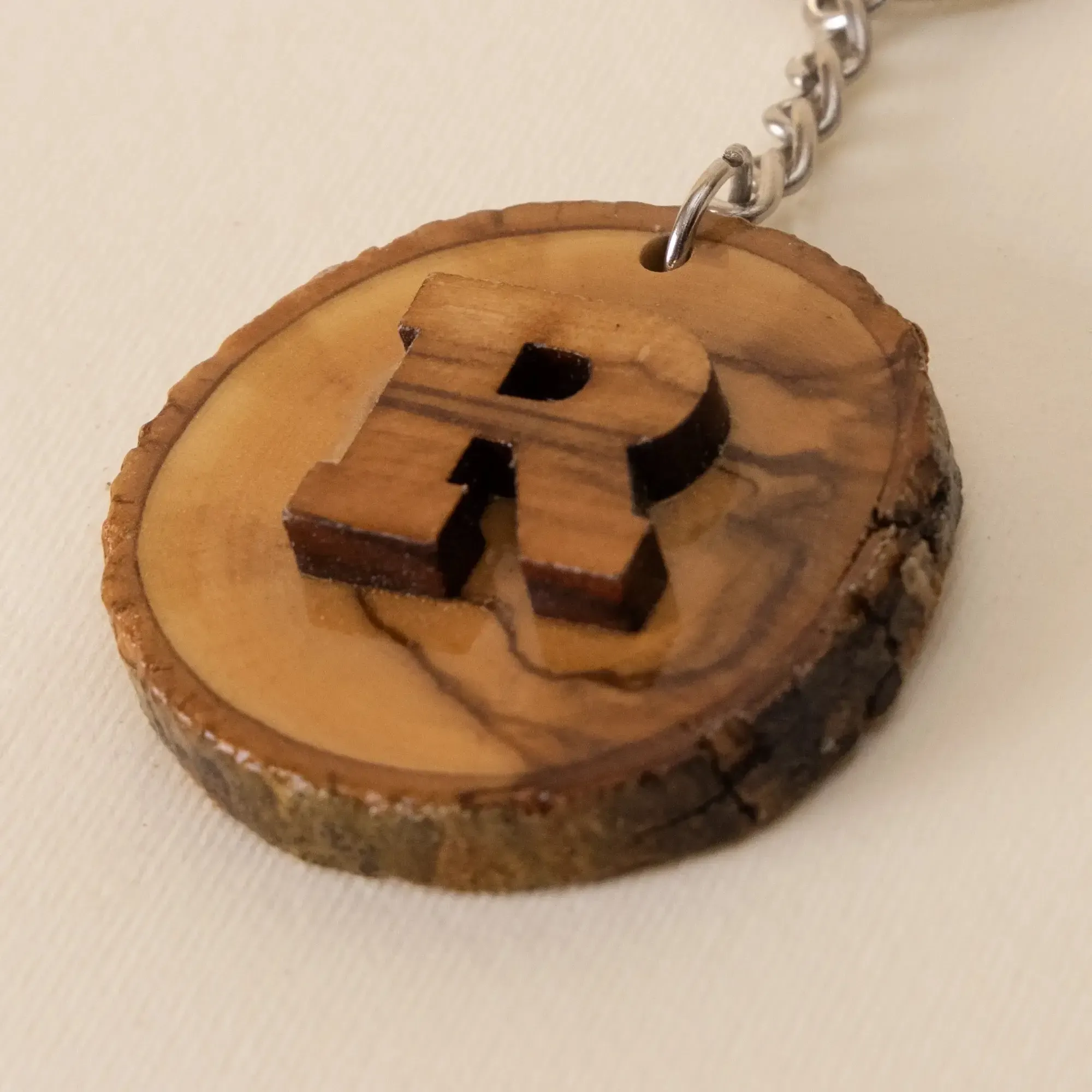Rustic Wood Slice Initial R Keychain with Natural Bark Edge