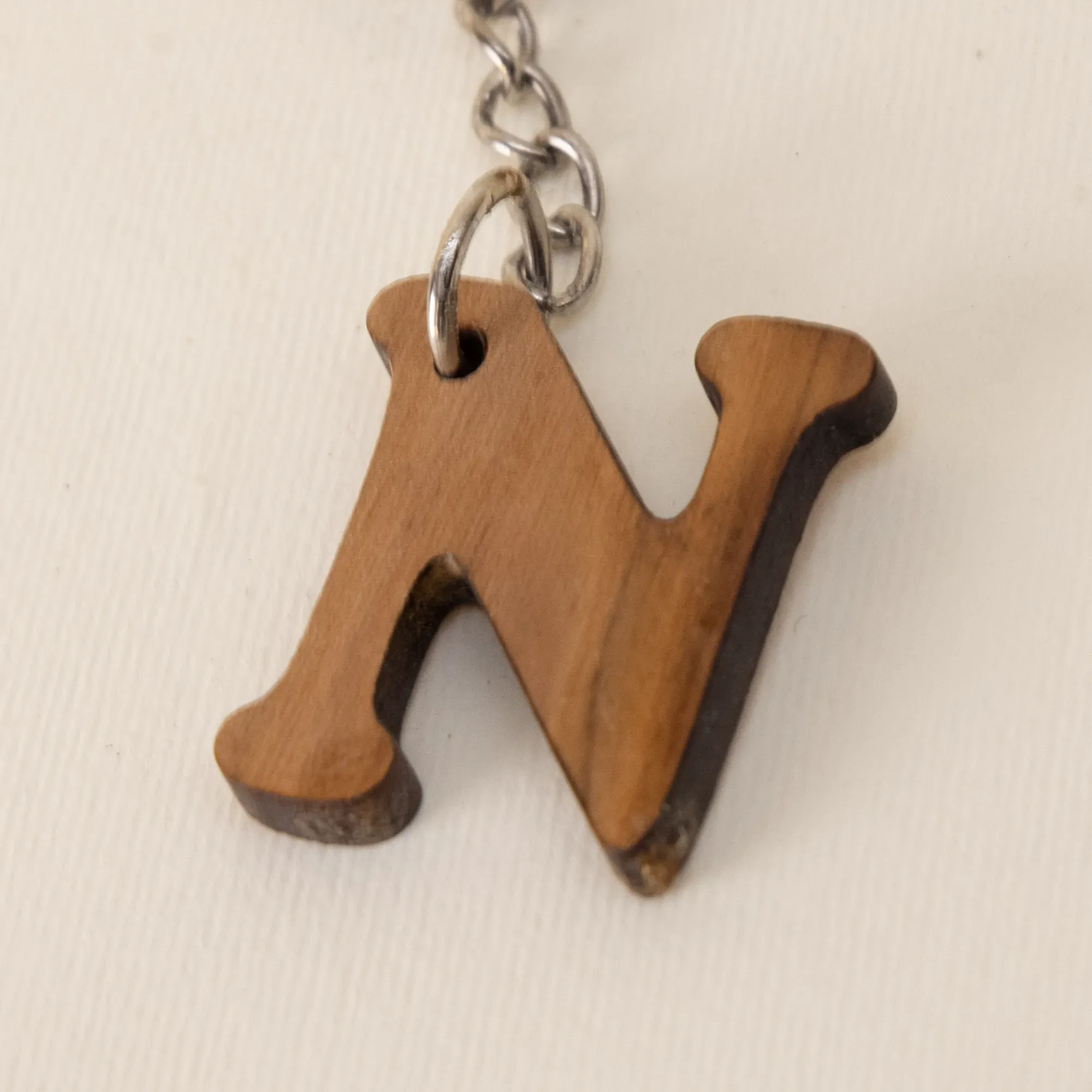 Rustic Wooden Initial N Keychain with Hand-Carved Letter Detail