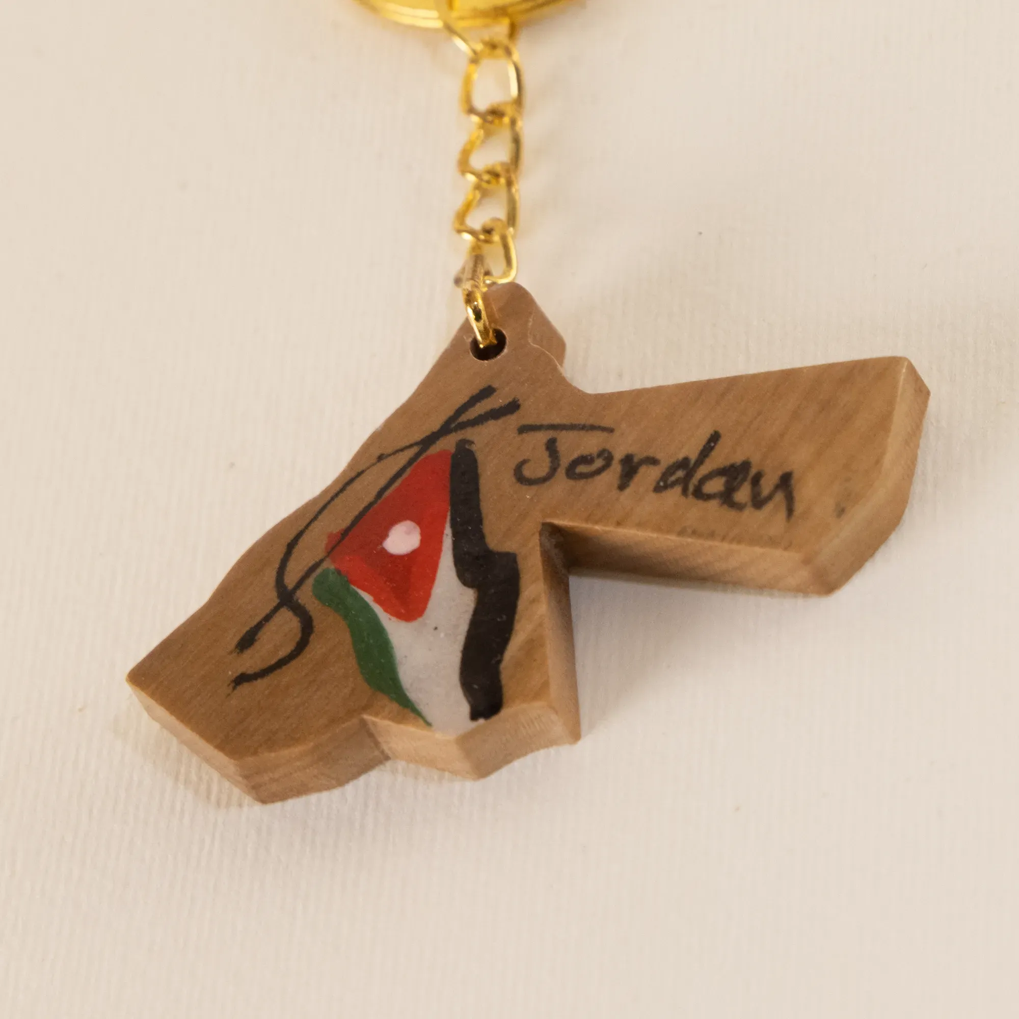 Olive Wood Jordan Map Keychain with Flag and Jordan Detail