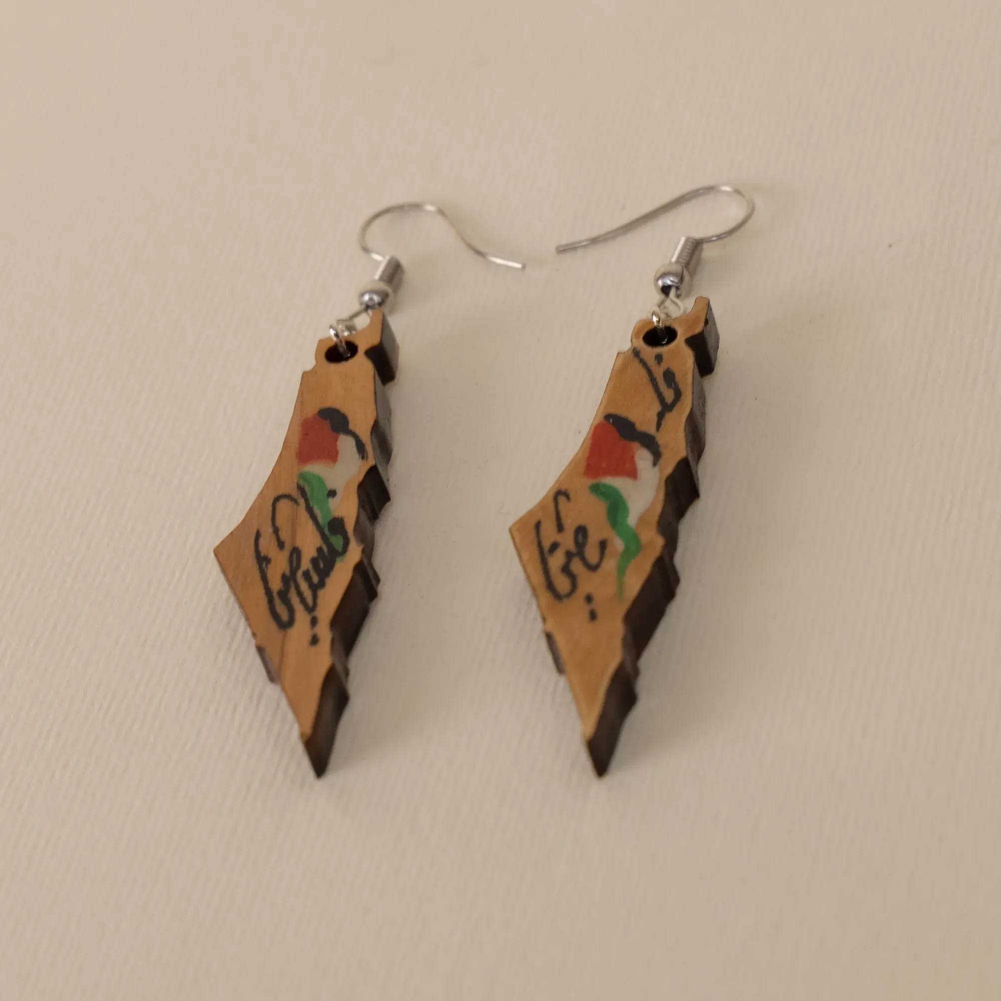 Palestine Map Wooden Earrings with Hand-Painted Flag Detail