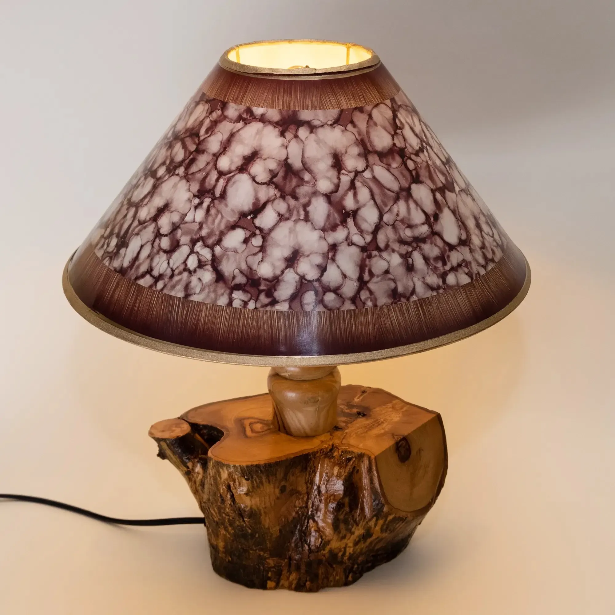 Rustic Olive Wood Table Lamp with Natural Trunk Base and Fabric Shade