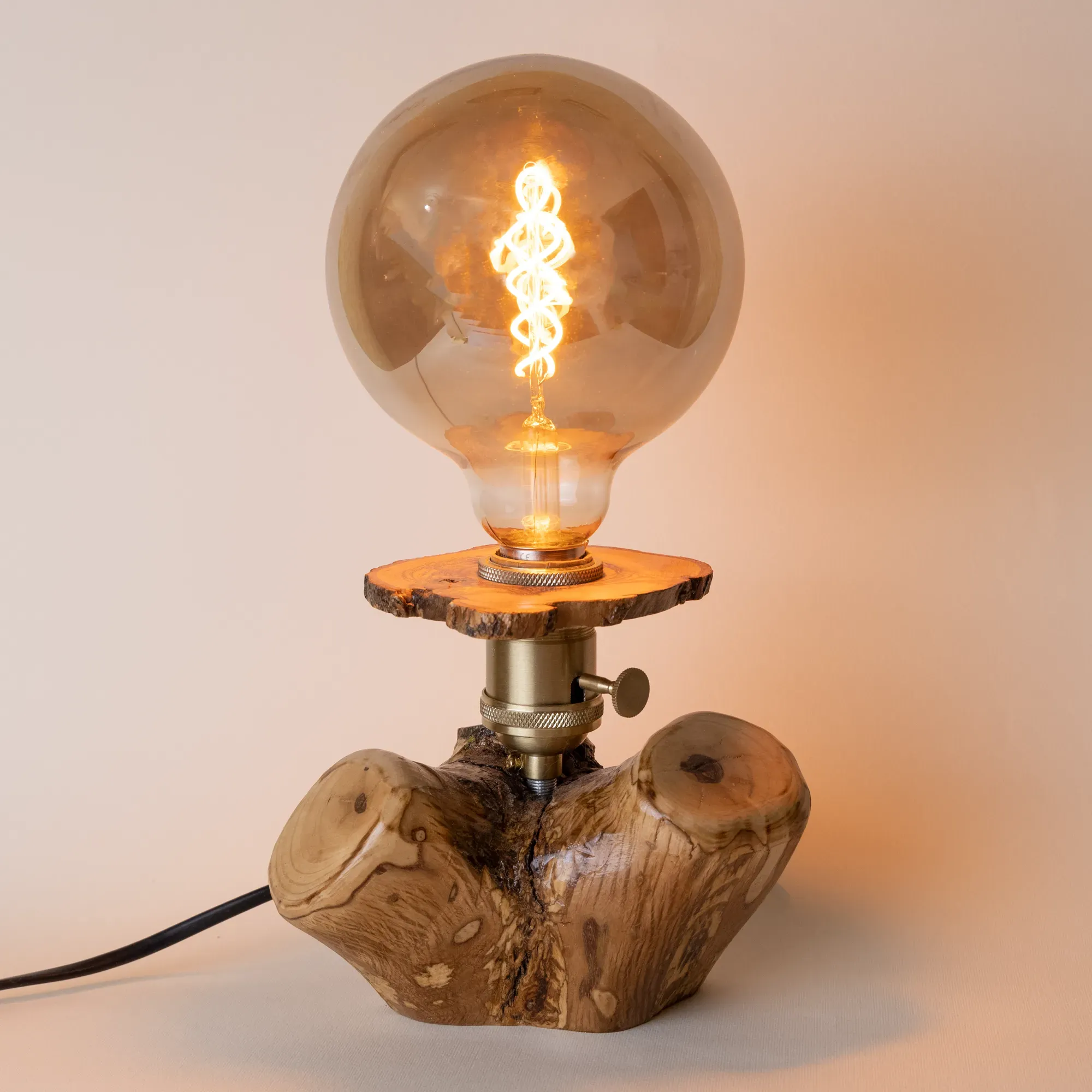 Sculptural Olive Wood Table Lamp with Exposed Globe Bulb