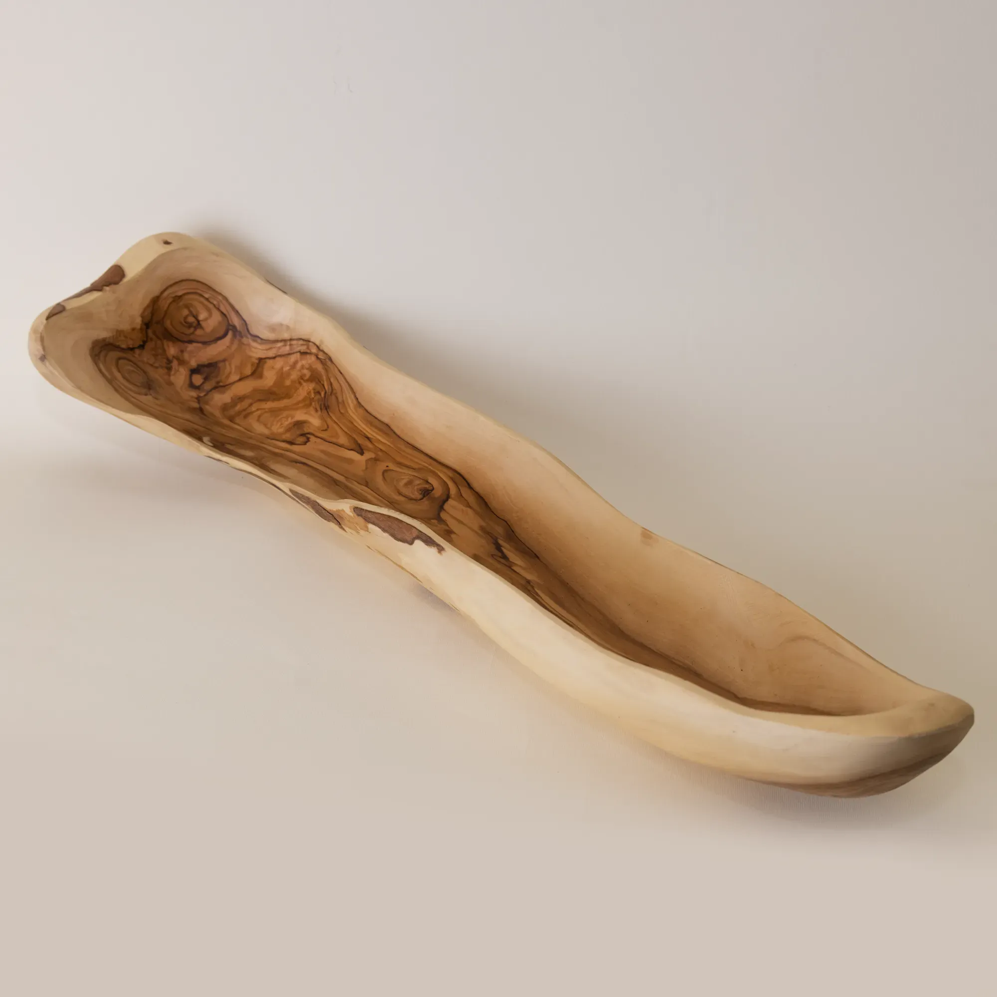 Long Natural-Edge Olive Wood Serving Tray with Sculpted Grain