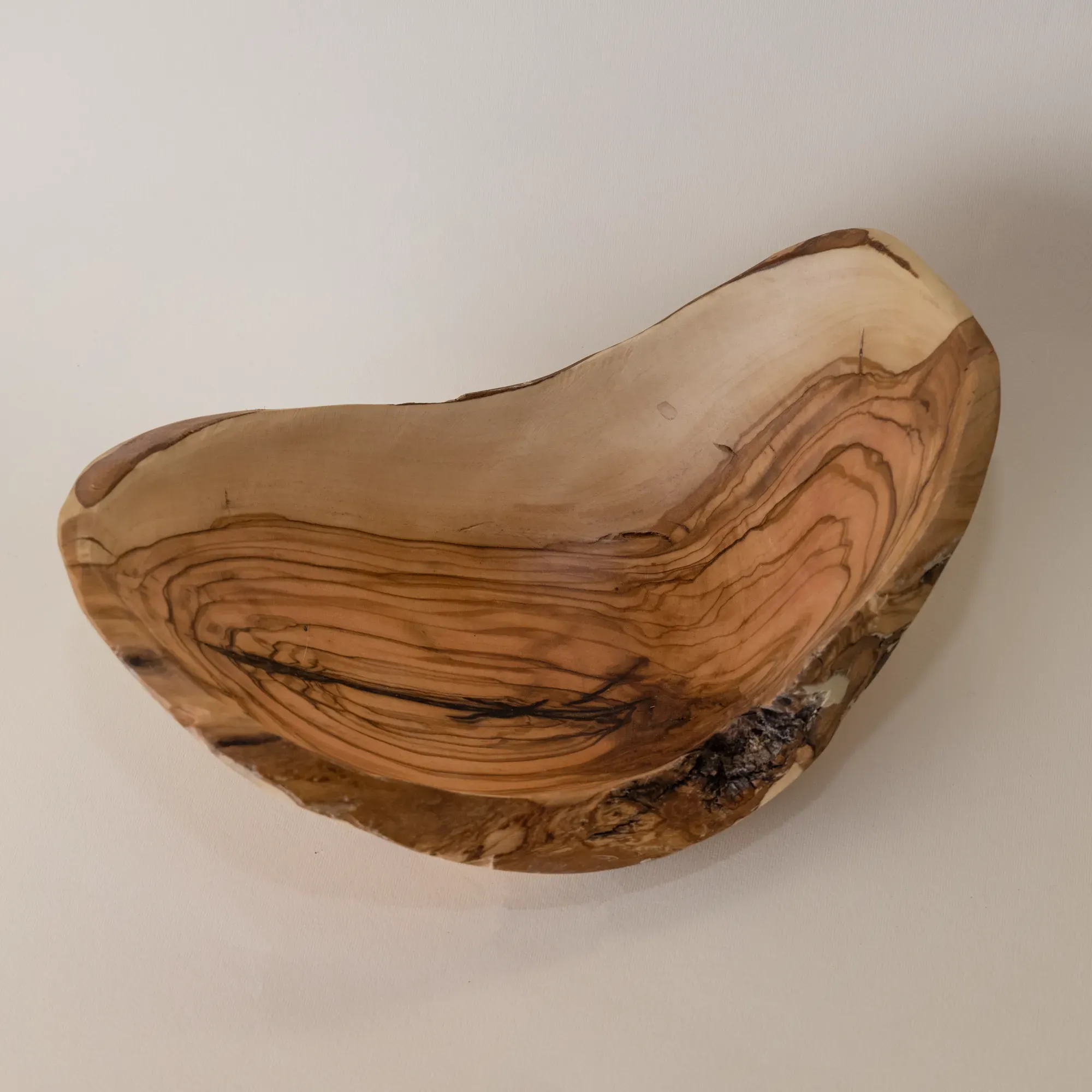 Hand-Carved Olive Wood Crescent Bowl with Natural Live Edge