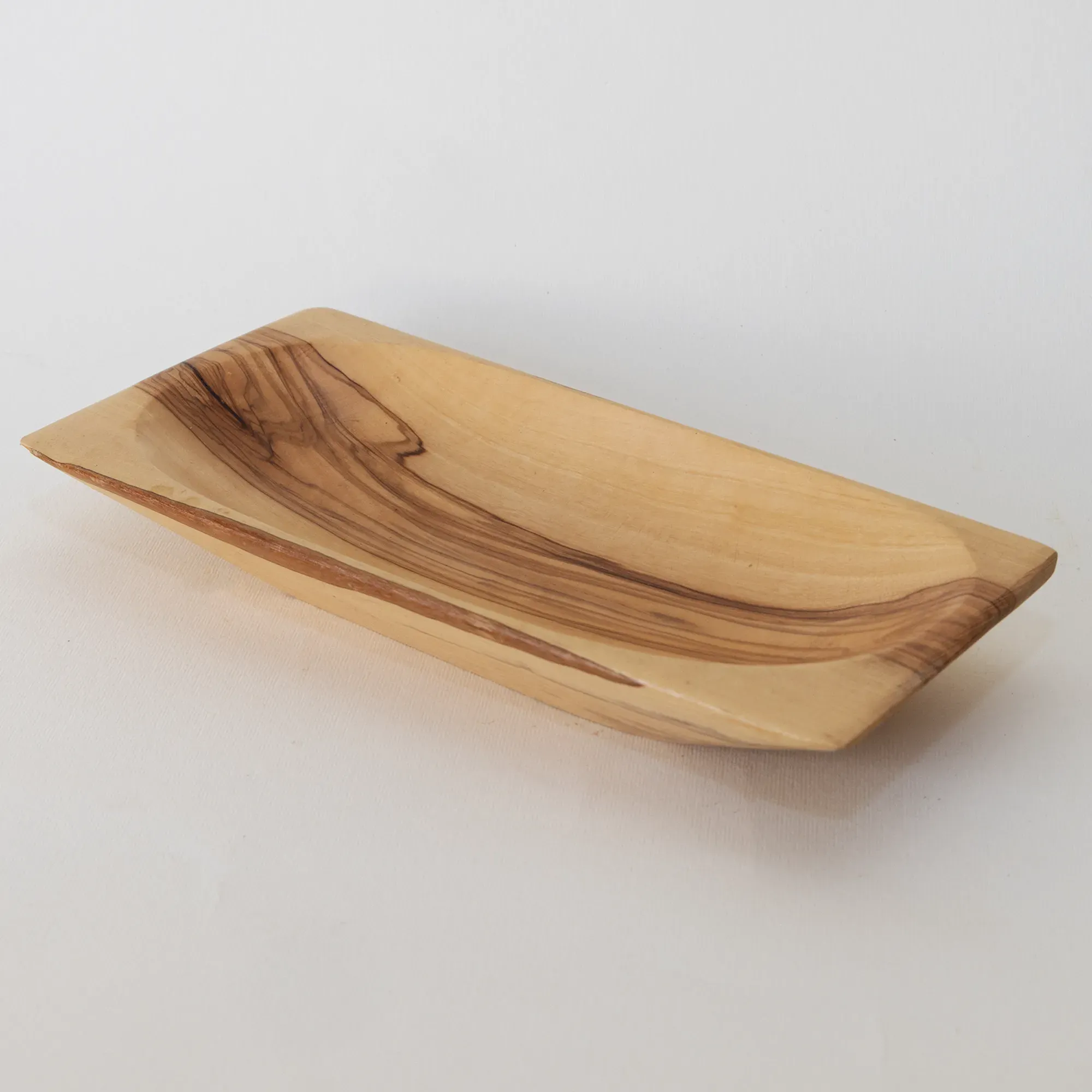 Shallow Olive Wood Rectangular Serving Plate with Flared Ends