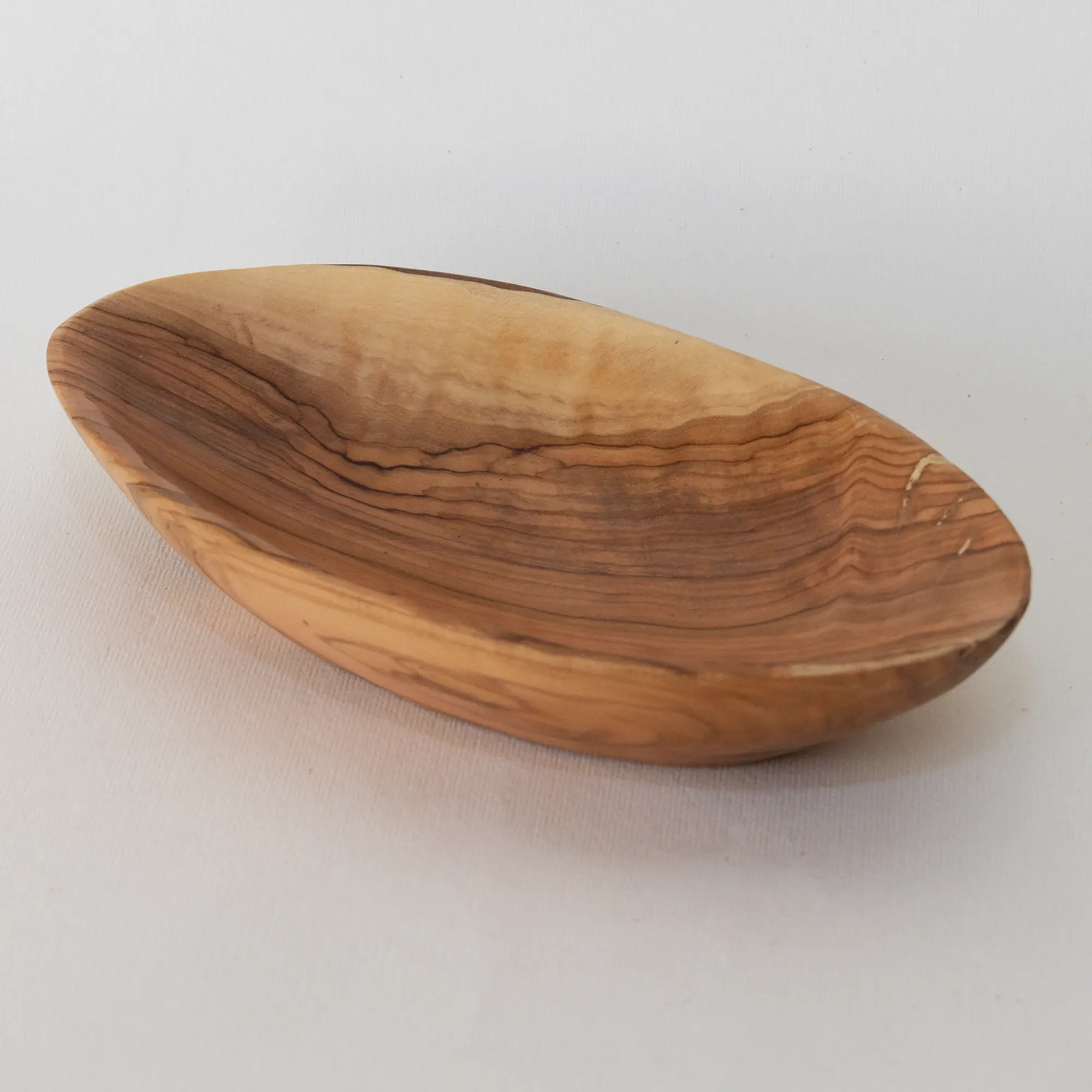 Hand-Carved Oval Olive Wood Bowl with Low Rounded Rim