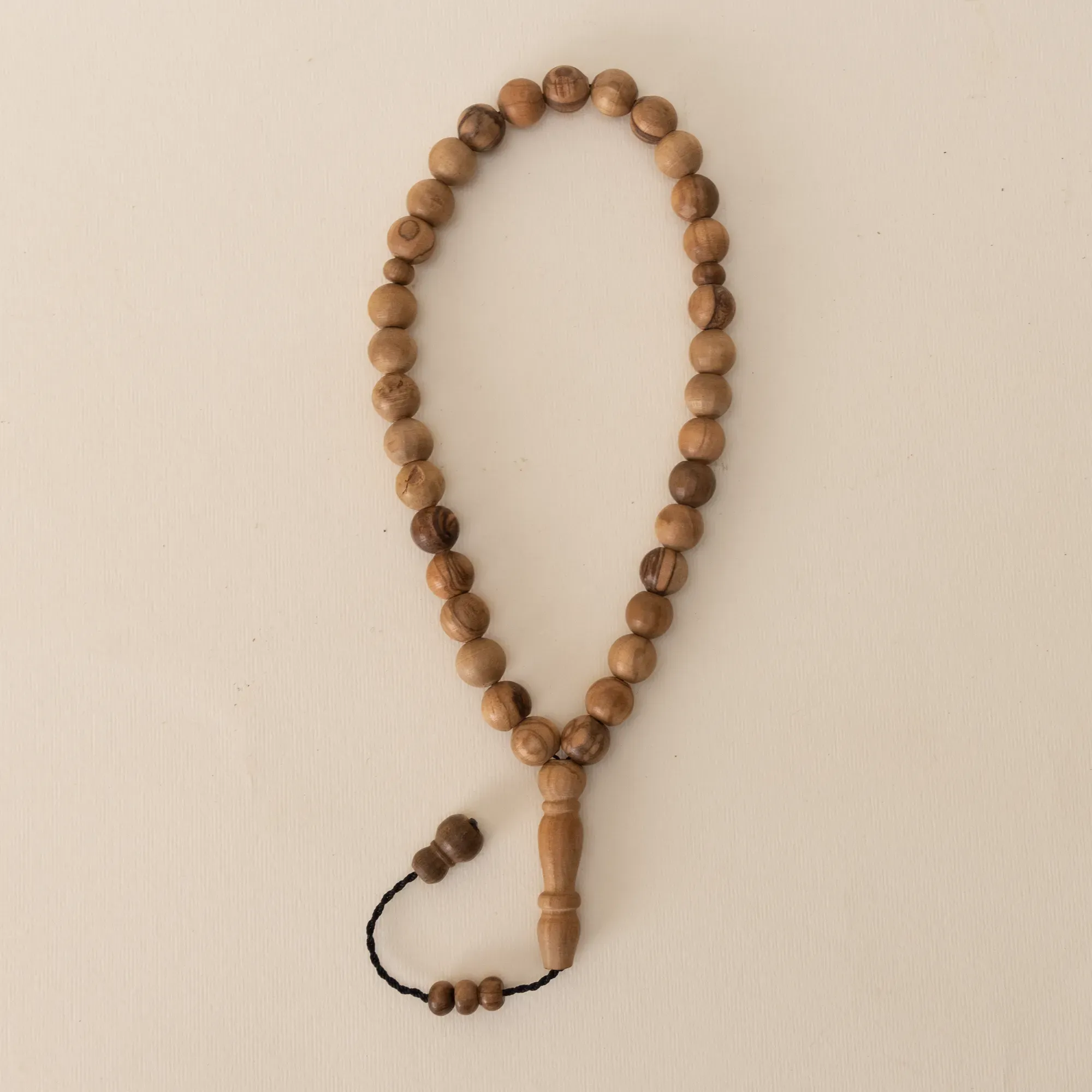 Long Olive Wood Tasbih Prayer Beads with Turned Wooden Handle