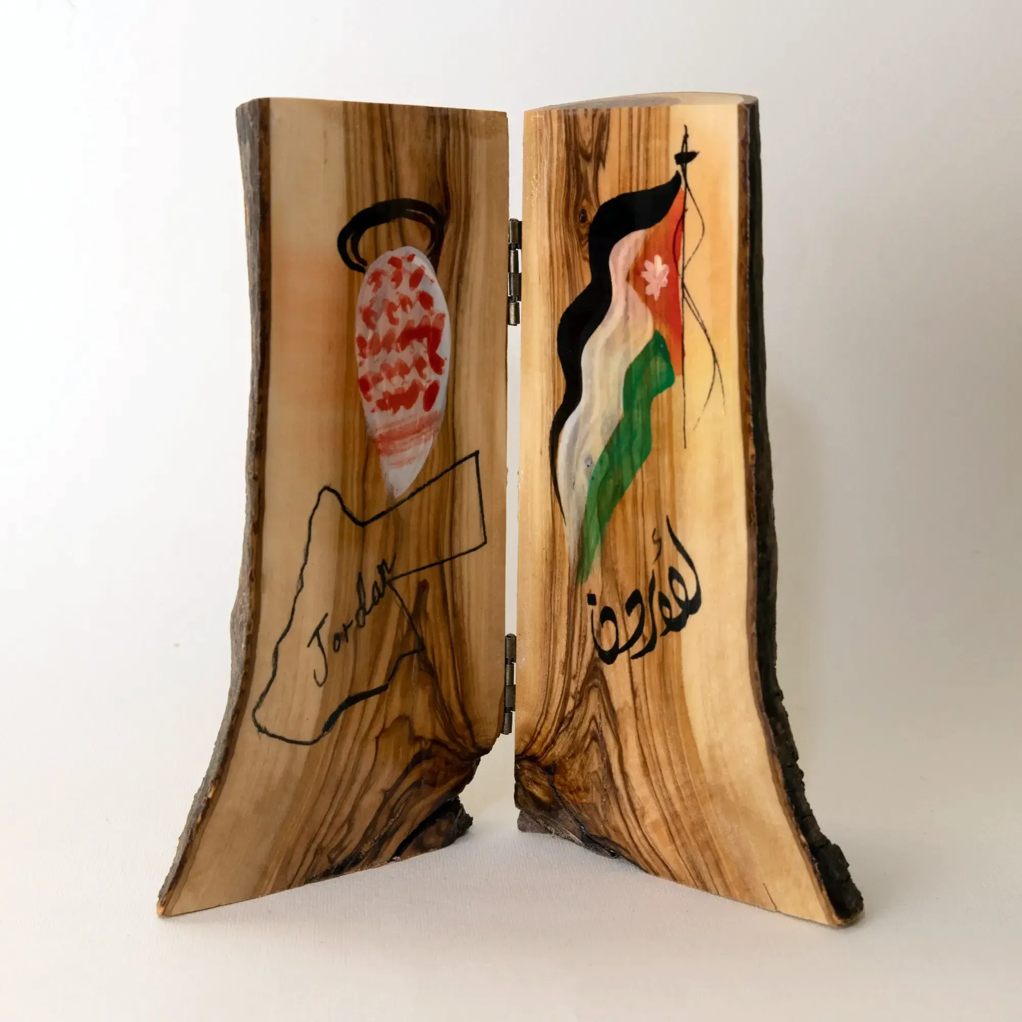 Jordan and Palestine Wooden Open-Book Sculpture with Flag Motifs