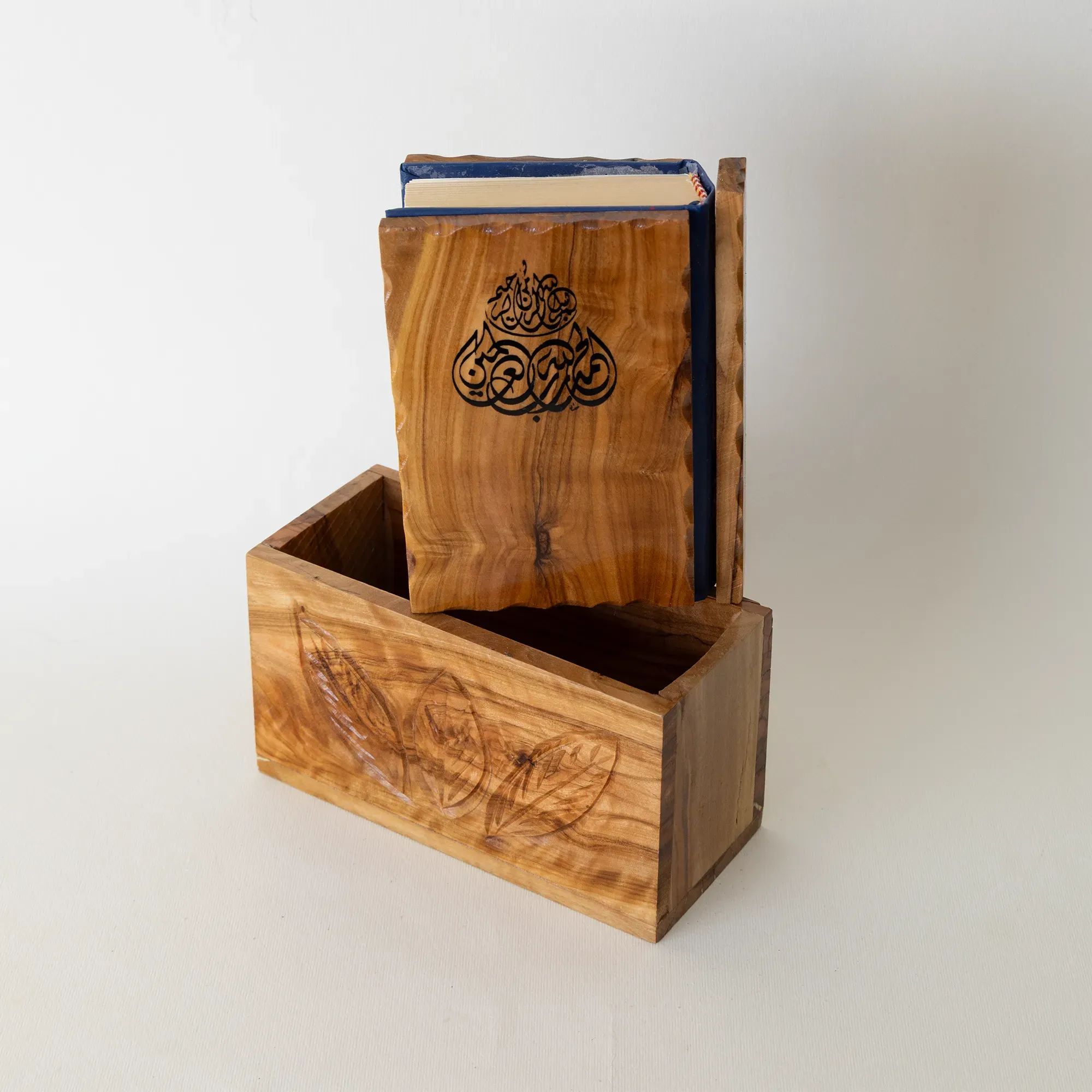 Book-Shaped Wooden Keepsake Box with Hinged Lid and Carved Cover