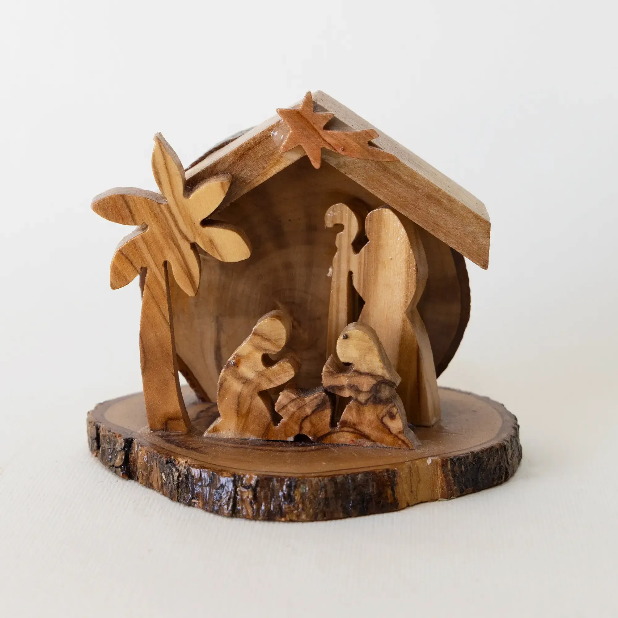 Handcrafted Wooden Nativity Scene with Stable and Palm Tree