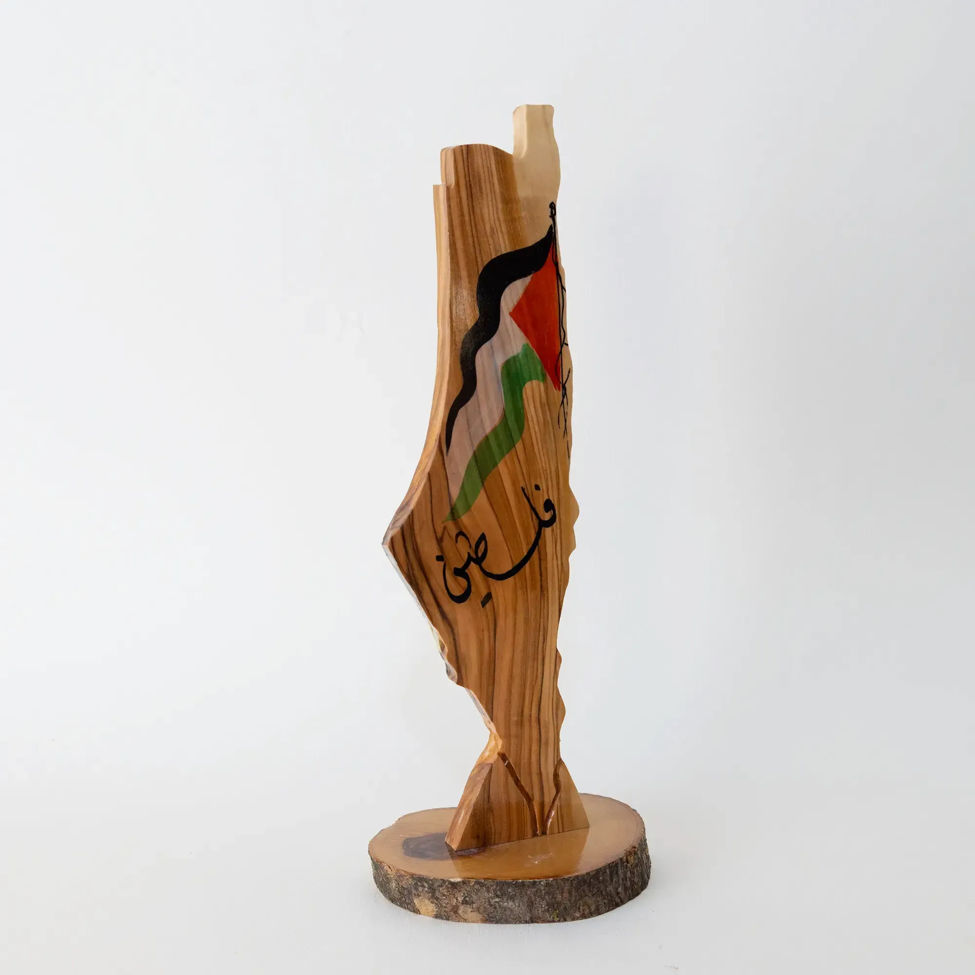 Palestine Map Wooden Sculpture with Flag and Arabic Detail