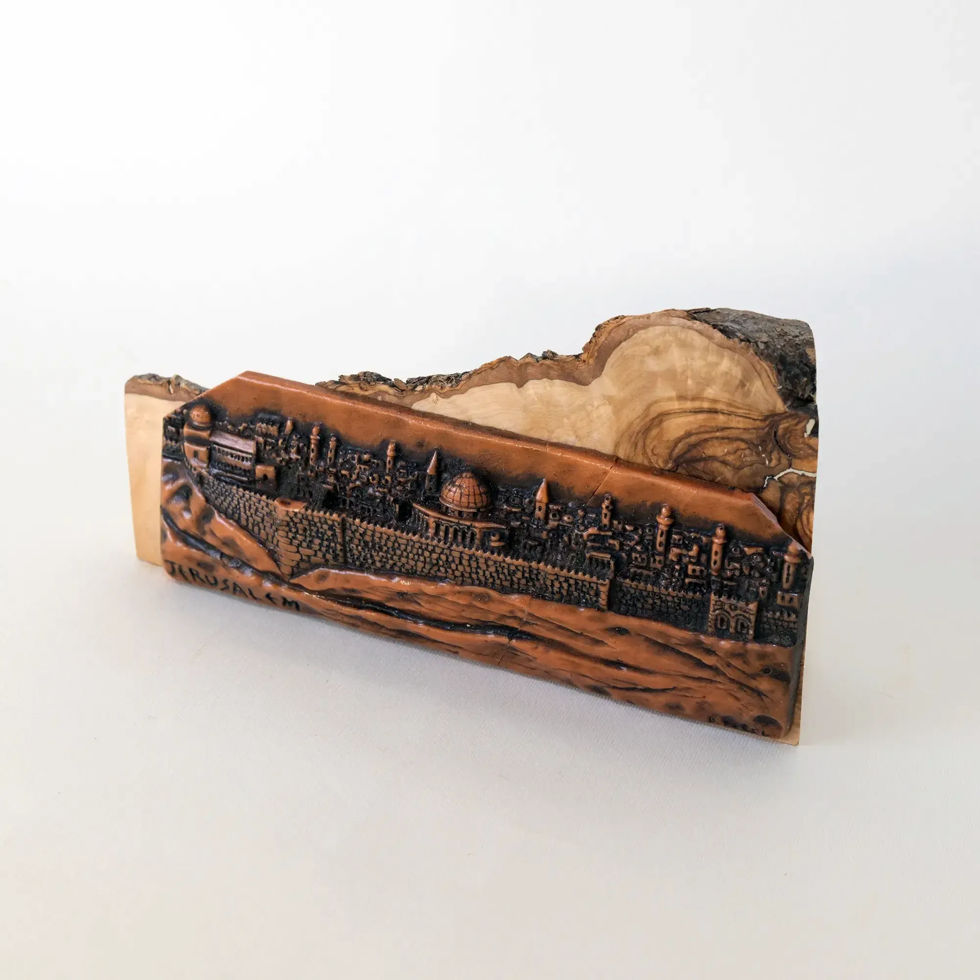 Jerusalem Skyline Wooden Sculpture with Carved Cityscape Detail