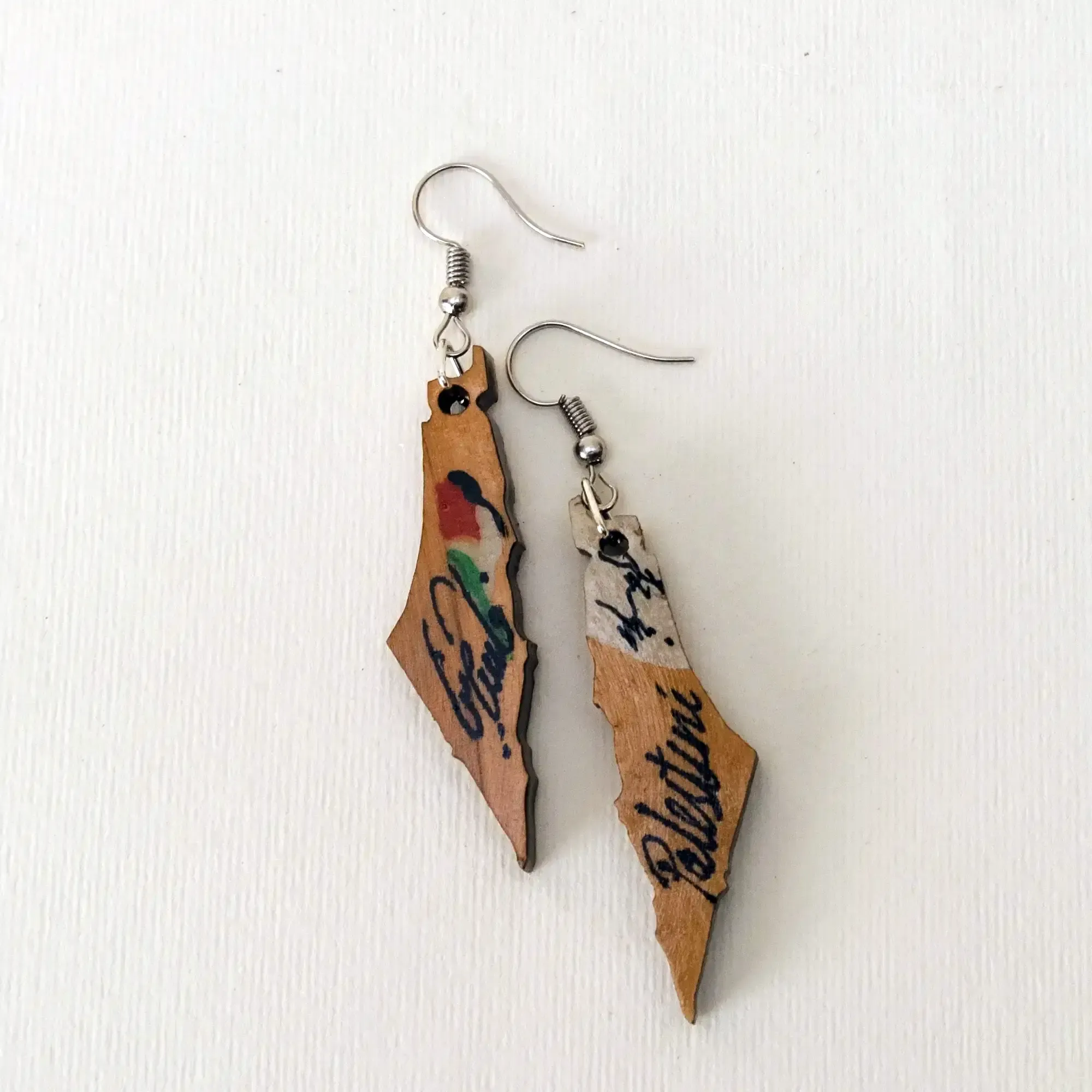 Palestine Outline Wooden Earrings with Script and Flag Detail