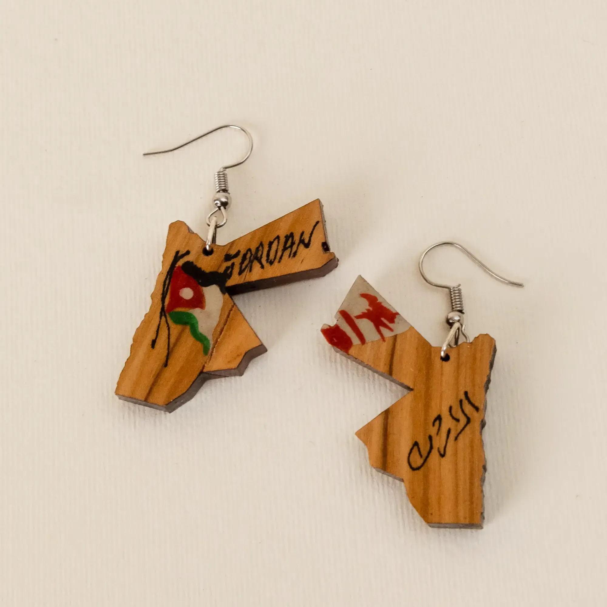 Jordan Outline Wooden Earrings with Flag and Arabic Lettering