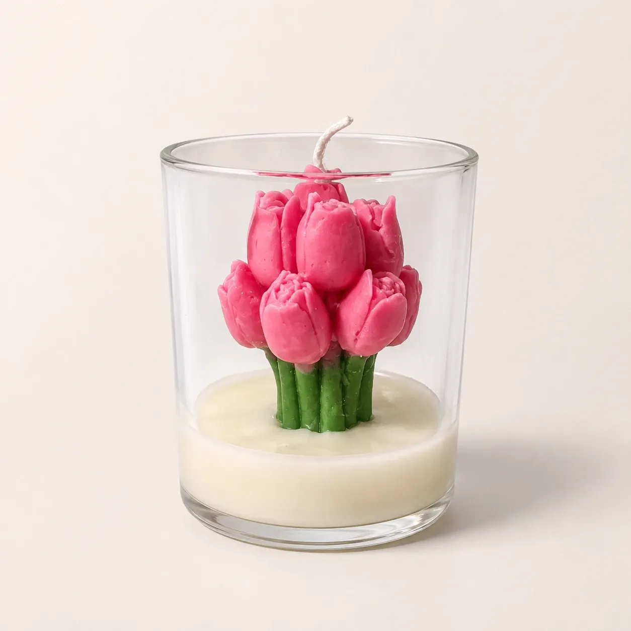 Handmade Pink Tulip Candle in Glass Jar with Rose Scent - 130g