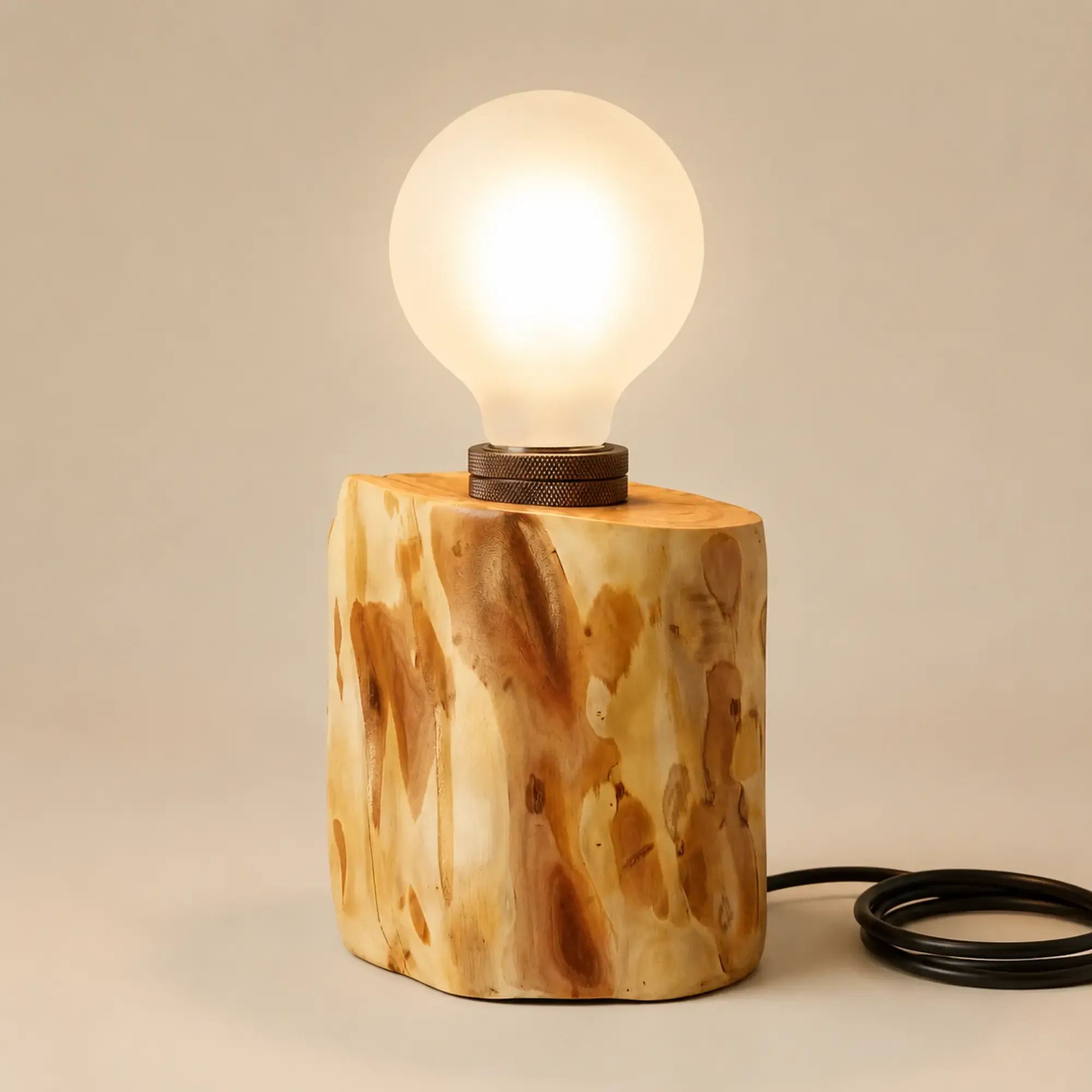 Handmade Solid Trunk Globe Table Lamp – Wood Full Moon Design