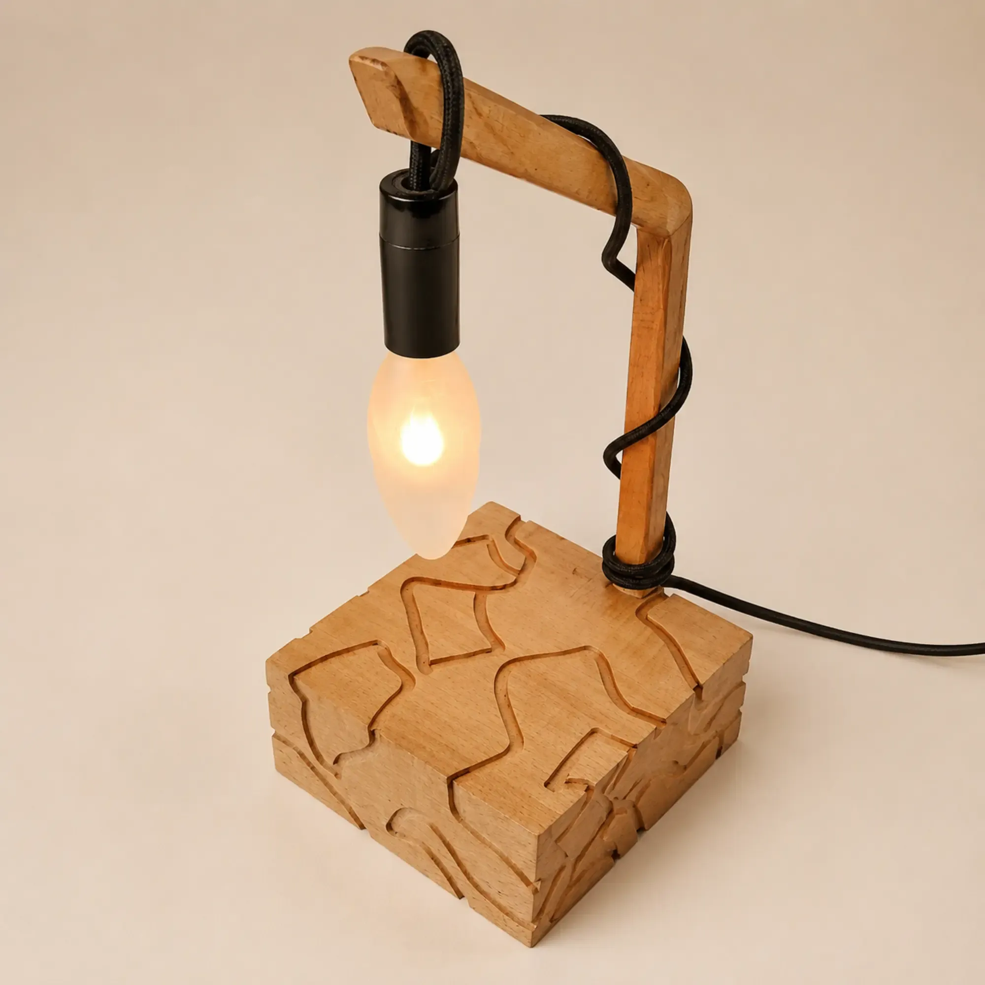 Handmade Wooden Table Lamp – Puzzle Design with Warm Light