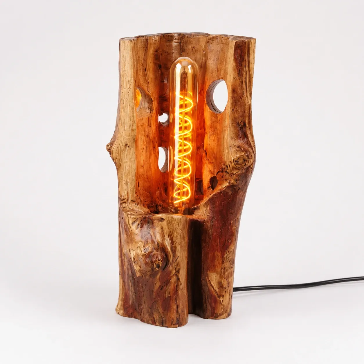 Handmade Hollow Wood Table Lamp – Light Rhythm Design with Warm Light