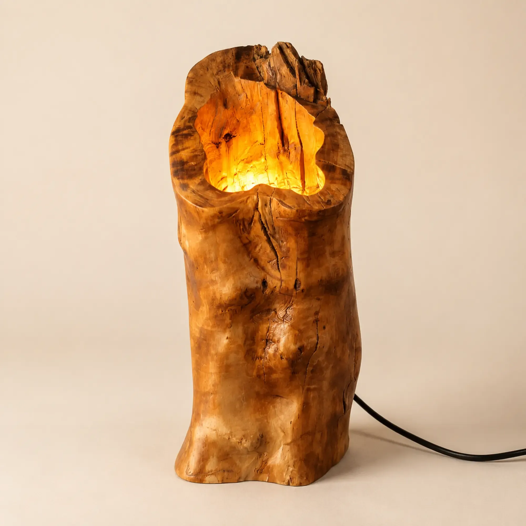 Handmade Hollow Wood Ambient Lamp – Forest Ember Design with Warm Light