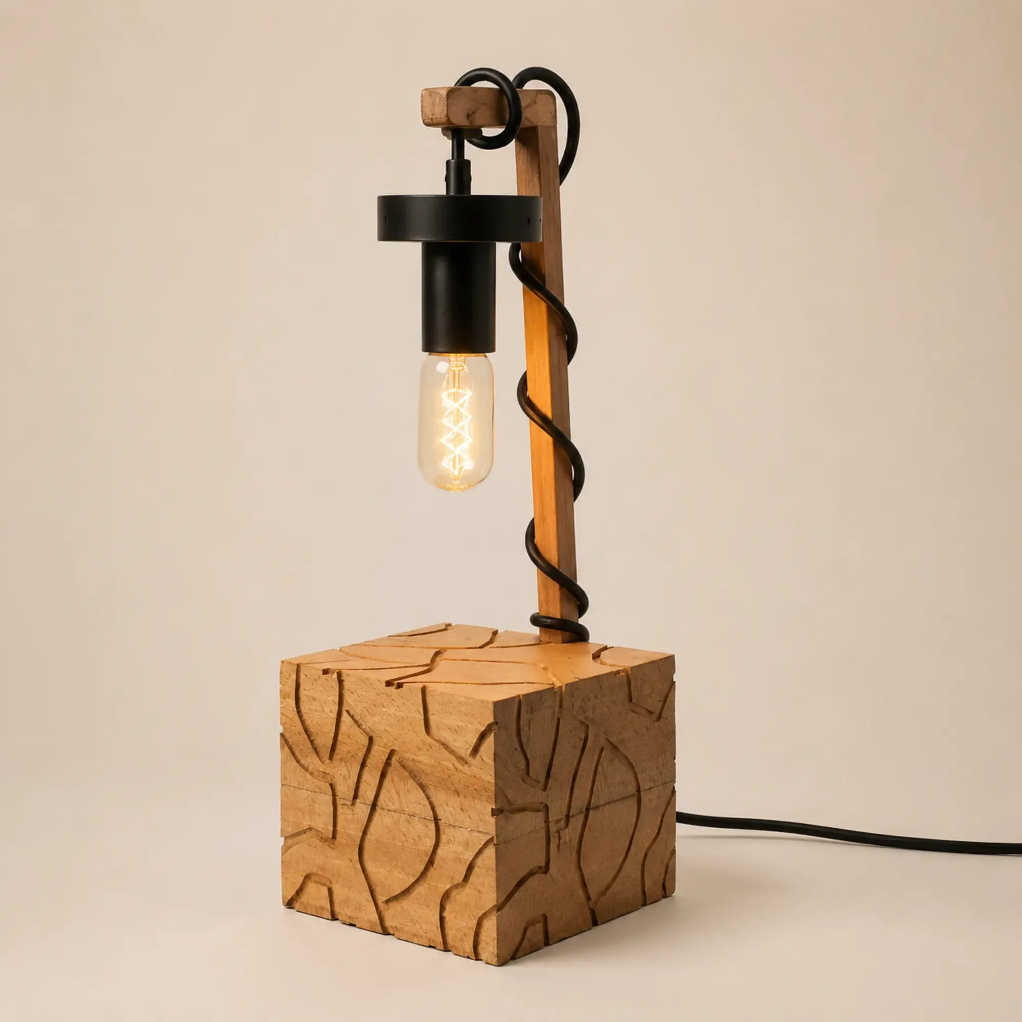 Handmade Geometric Beech Wood Table Lamp – Contour Glow Design