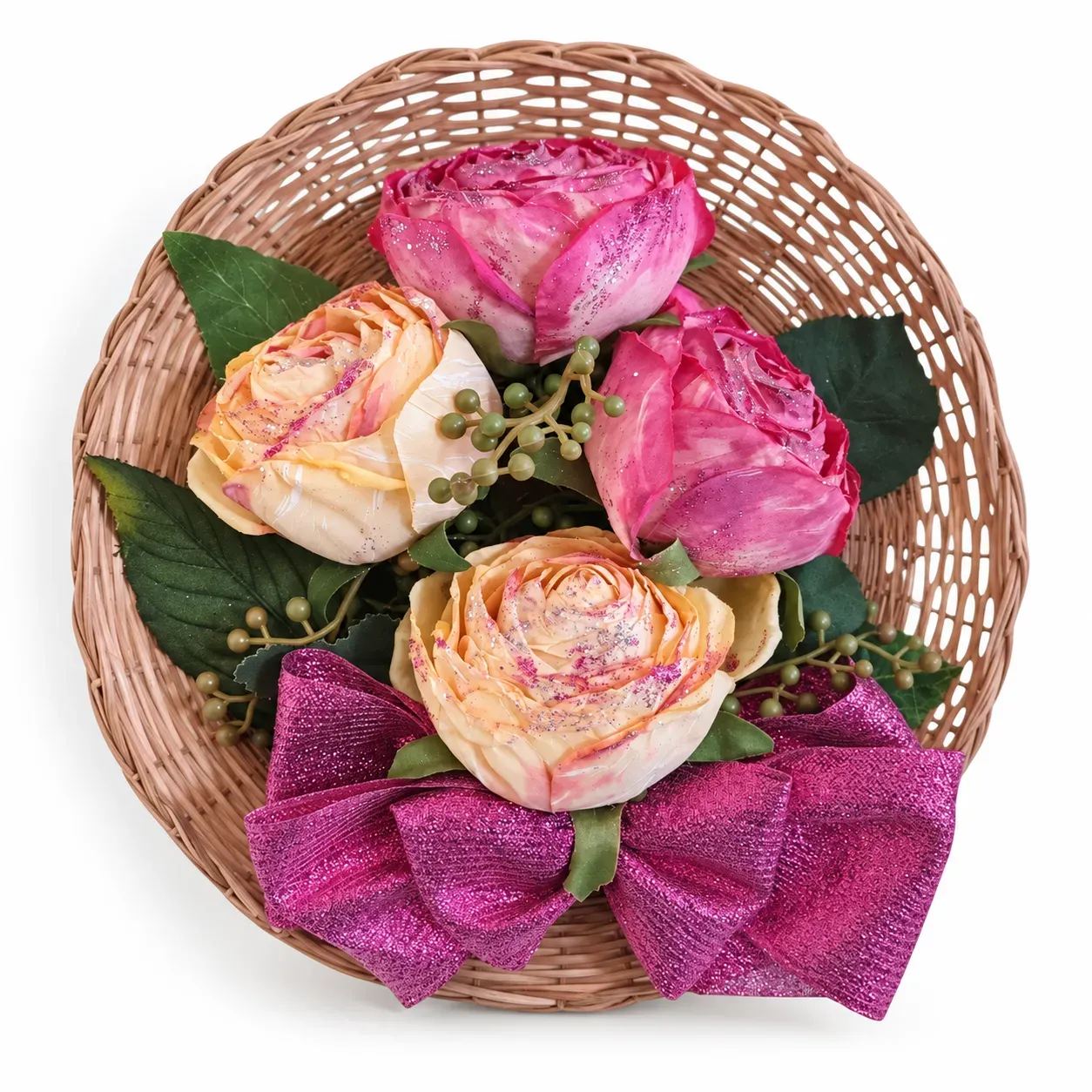 Handmade Straw Basket Wall Decor with Pink Roses