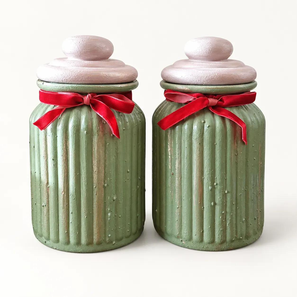 Set of 2 Sage Green Hand-Painted Glass Storage Jars