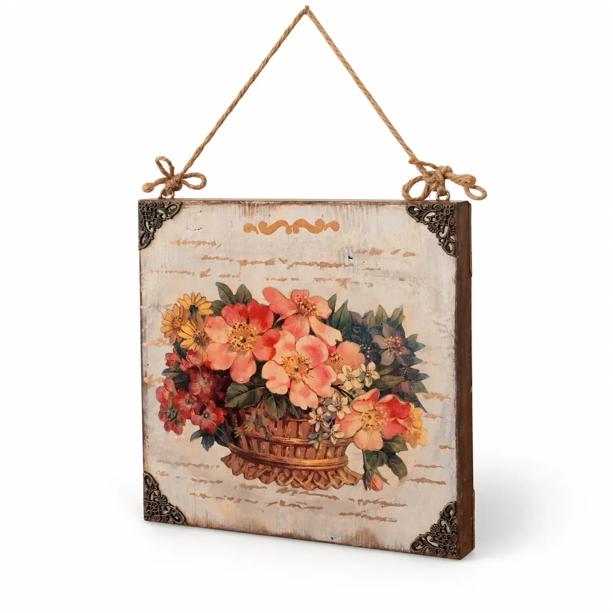 Vintage Flower Basket Decoupage Wood Wall Art