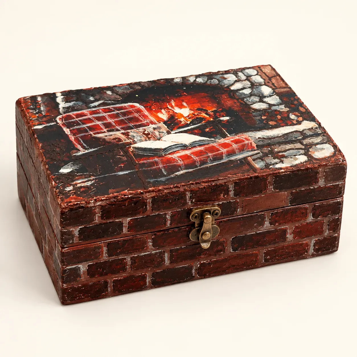 Rustic Winter Fireplace Decoupage Wooden Keepsake Box